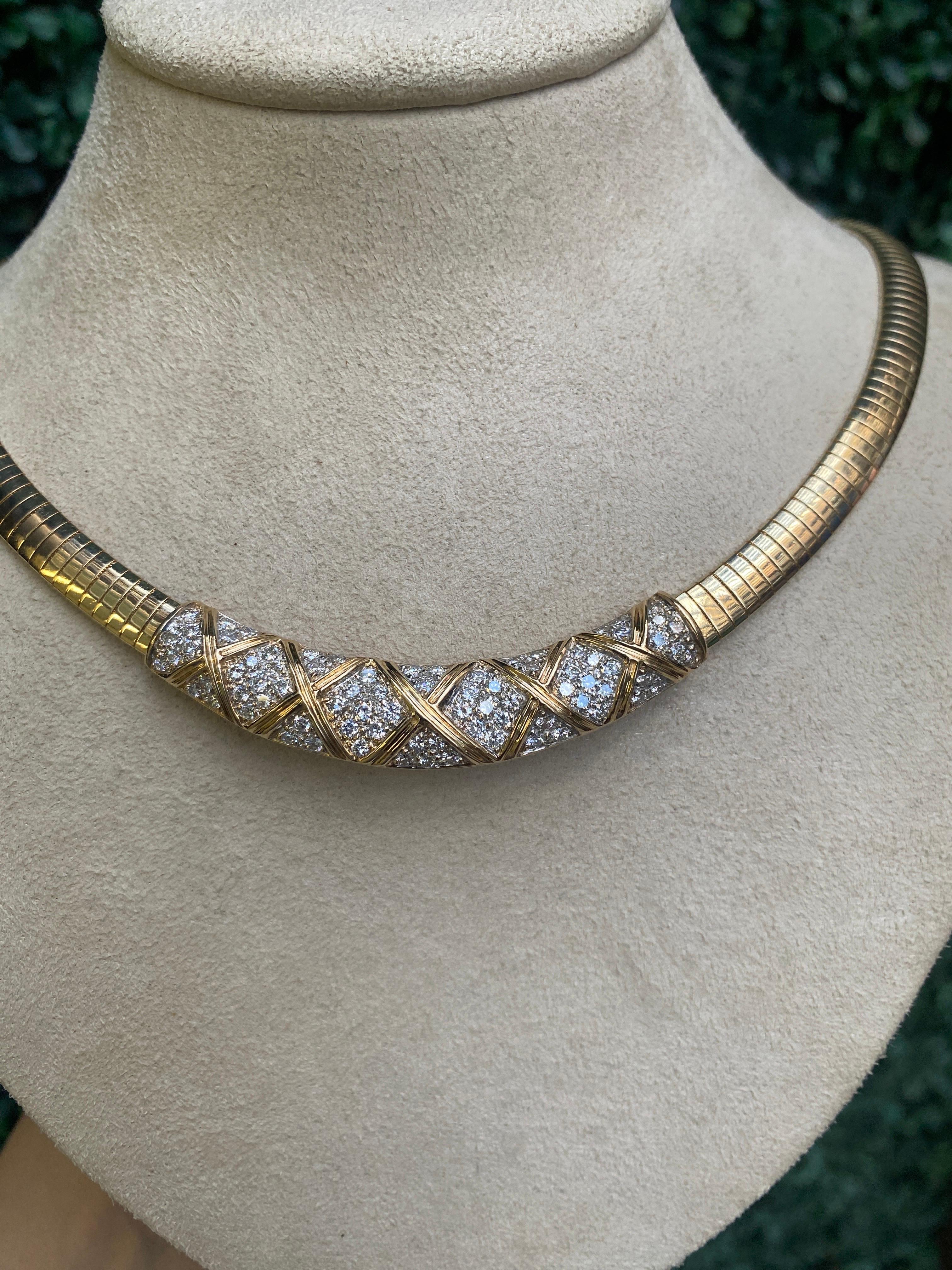 Round Cut 14 Karat Yellow Gold Vintage Diamond Omega Necklace  For Sale