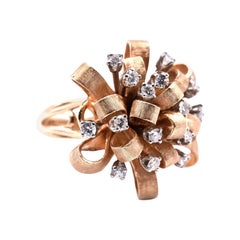 14 Karat Yellow Gold Vintage Diamond Ribbon Flower Ring