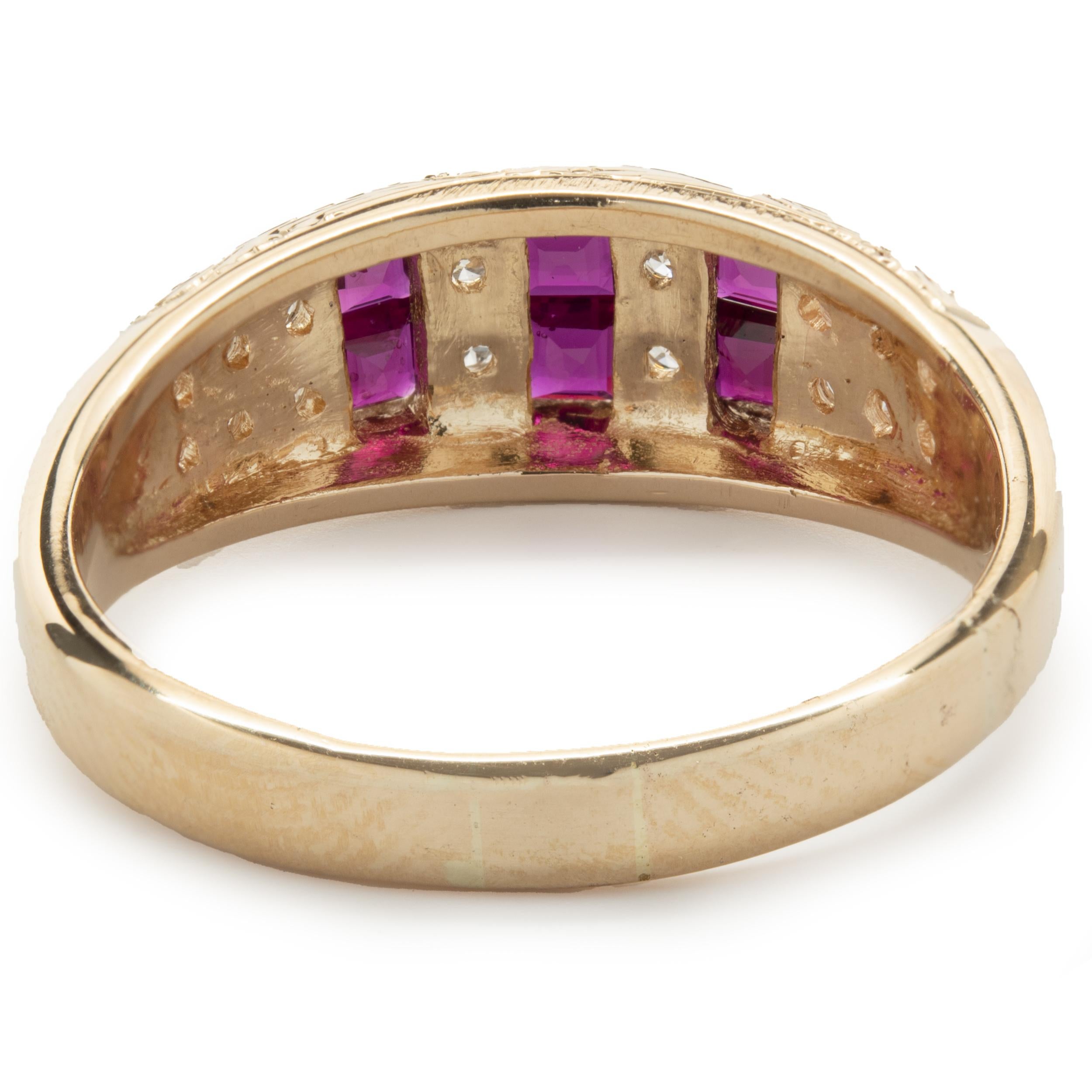 14 Karat Yellow Gold Vintage Double Row Diamond Ruby Band In Excellent Condition In Scottsdale, AZ