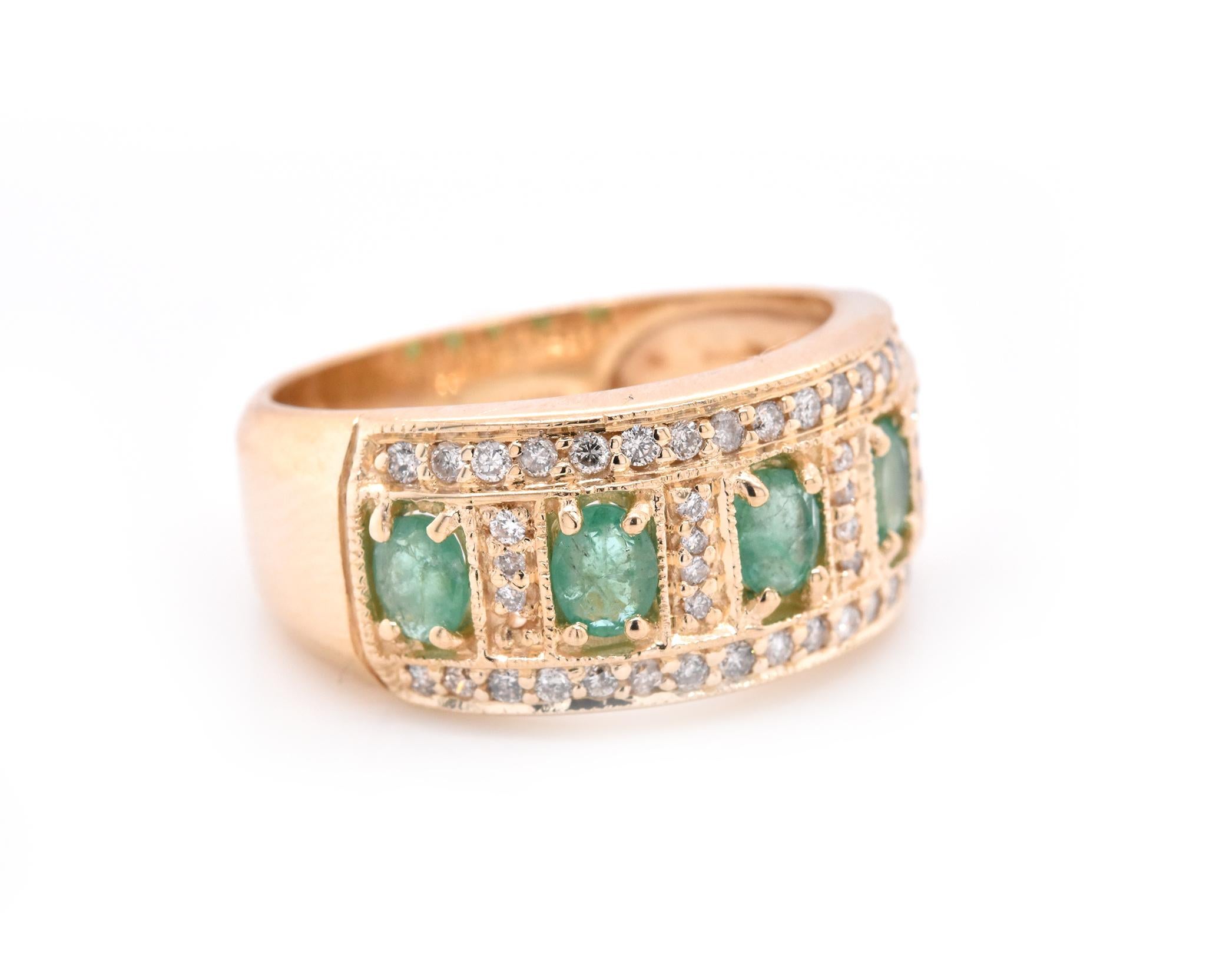 Designer: custom
Material: 14K yellow gold
Emerald: 5 oval cut = .70cttw
Diamond: 56 round brilliant cut = .50cttw
Color: I
Clarity: SI2
Ring Size: 8 (please allow up to 2 additional business days for sizing requests)
Dimensions: ring measures 9.9mm