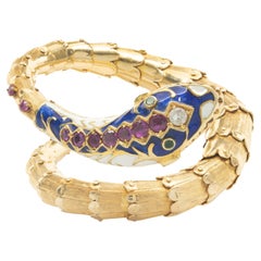 14 Karat Yellow Gold Vintage Enamel, Diamond, and Ruby Snake Wrap Bracelet