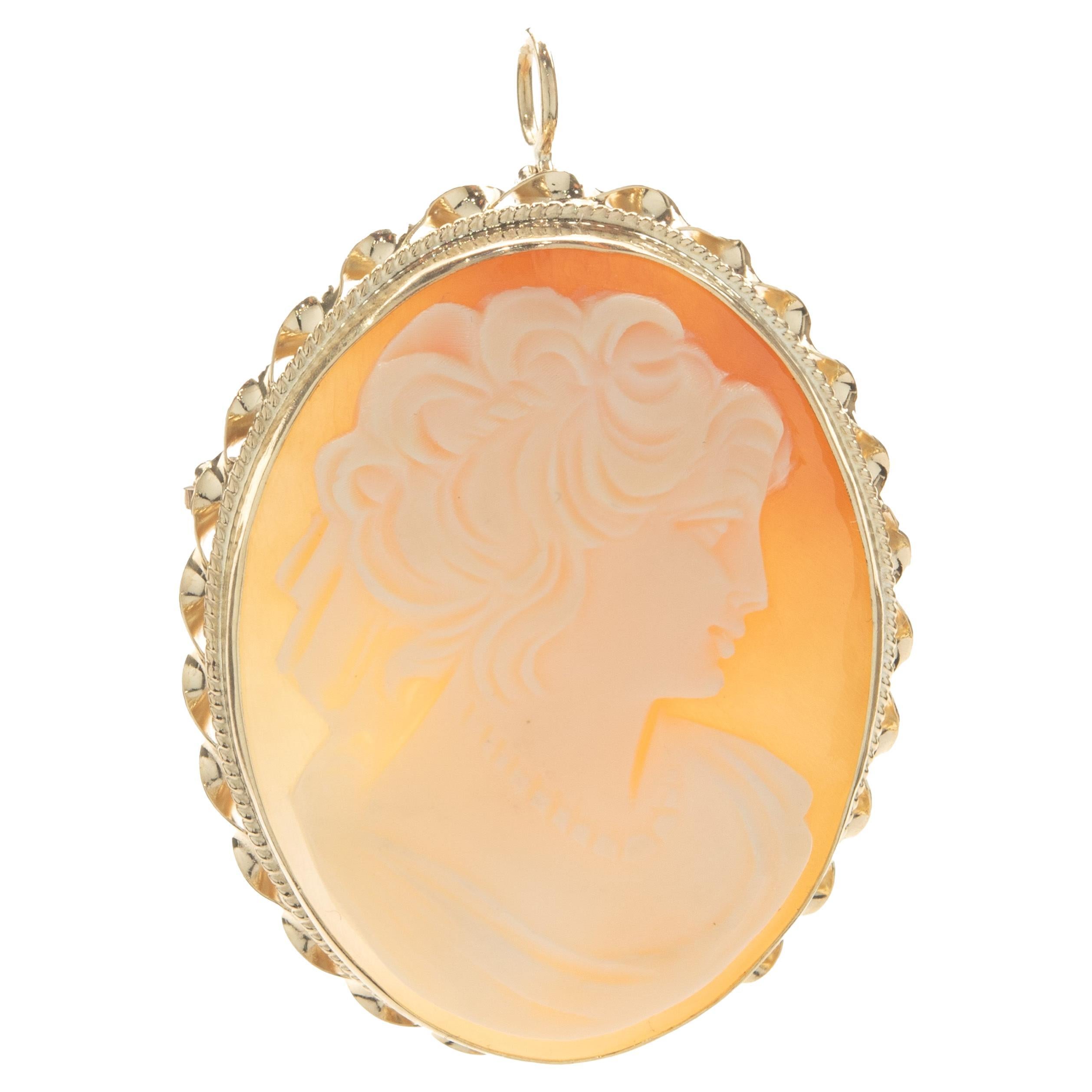 14 Karat Yellow Gold Vintage Framed Cameo Pin For Sale