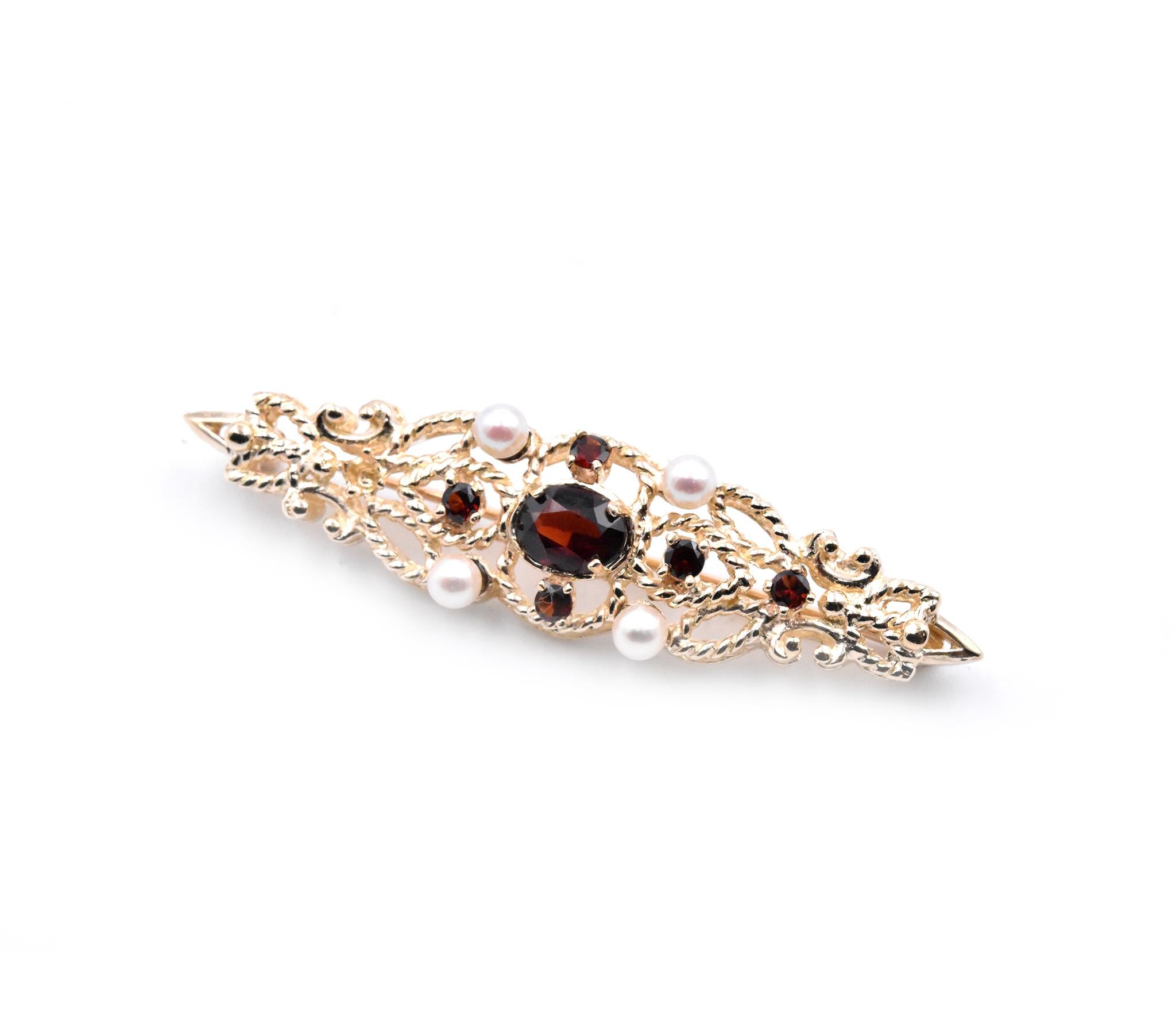 Oval Cut 14 Karat Yellow Gold Vintage Garnet and Cultured Pearl Pin