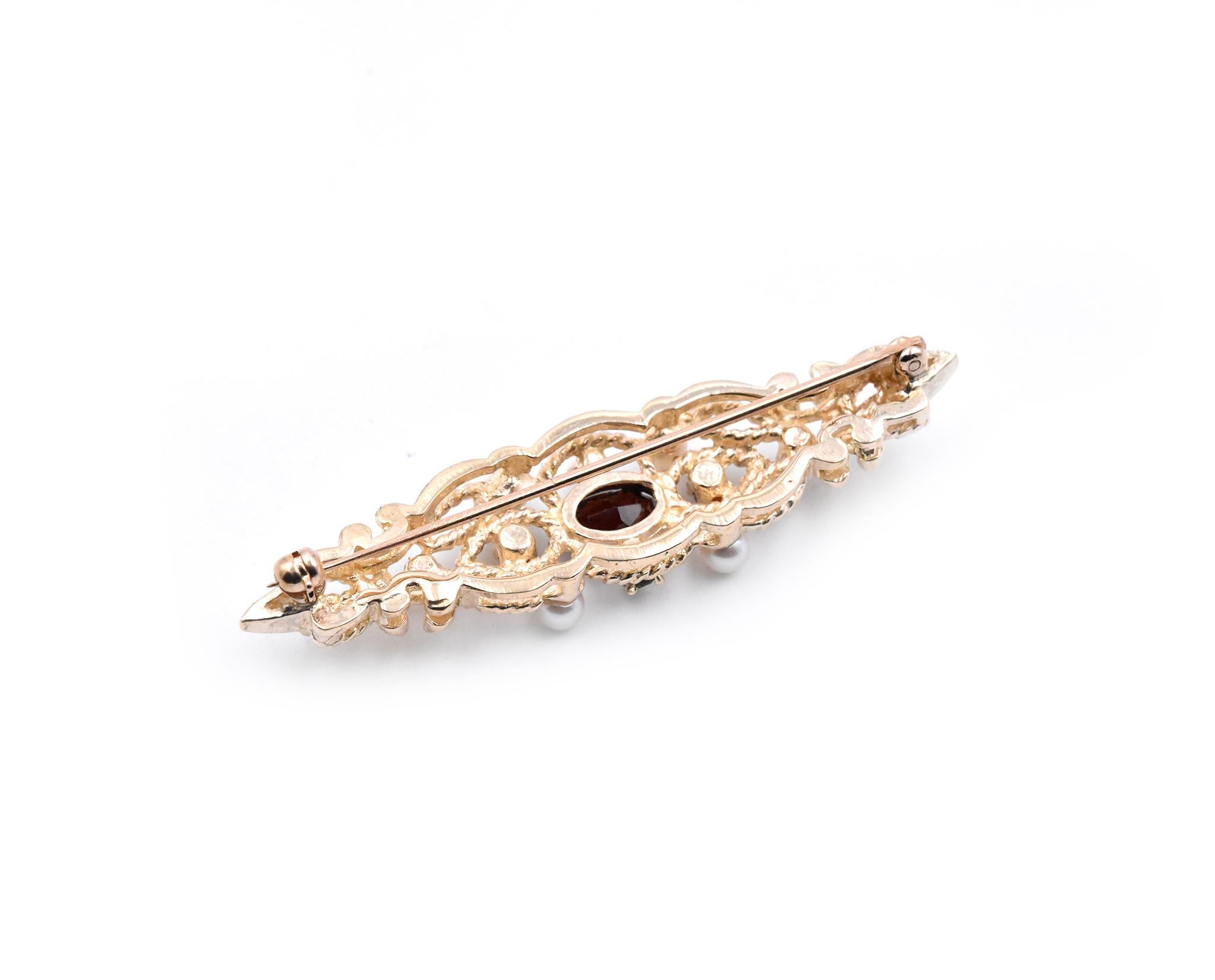 14 Karat Yellow Gold Vintage Garnet and Cultured Pearl Pin In Excellent Condition In Scottsdale, AZ