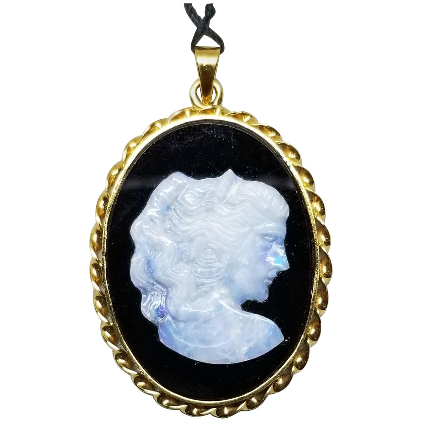 14 Karat Yellow Gold Vintage Hand Carved Opal Onyx Cameo Pendant