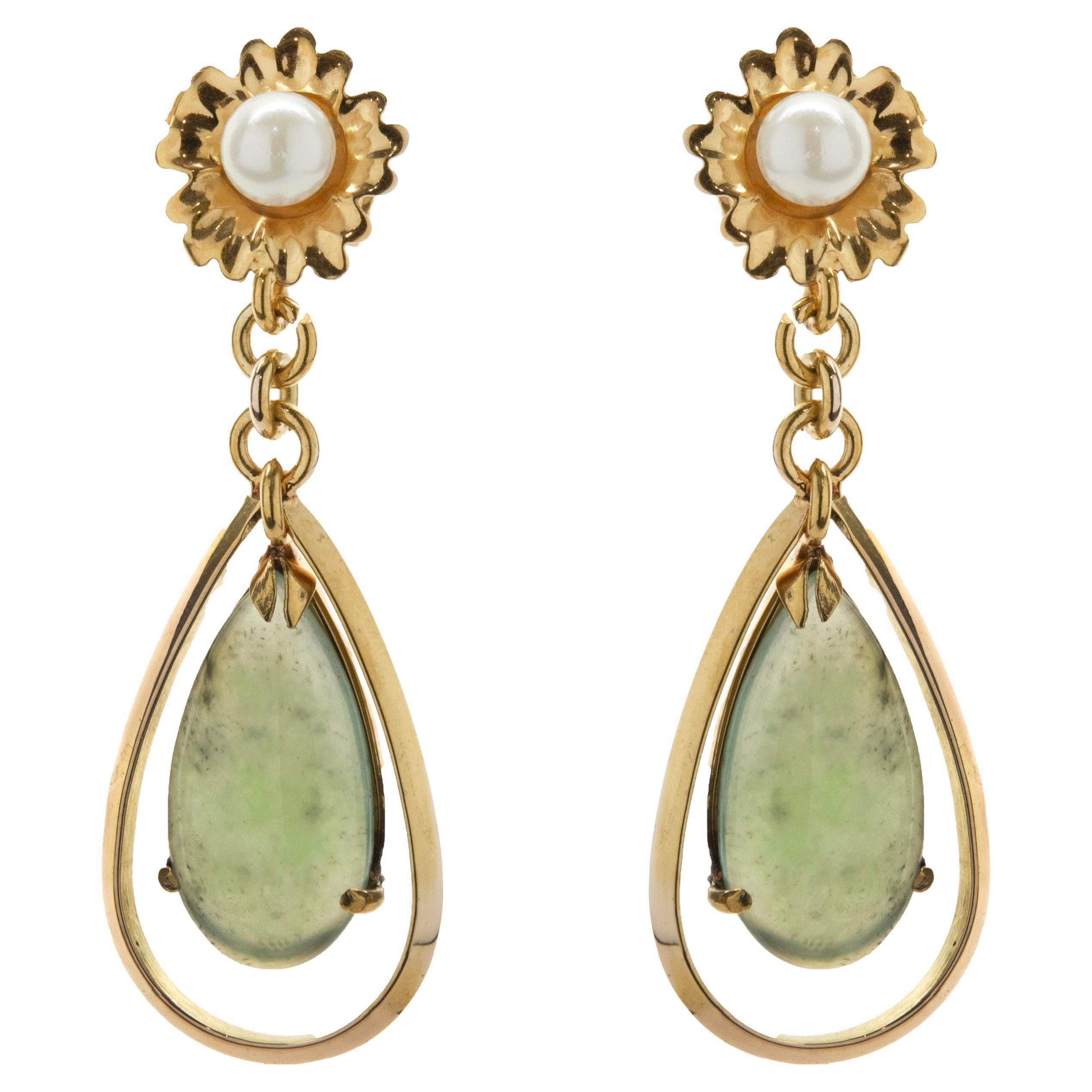 14 Karat Yellow Gold Vintage Jade and Pearl Drop Earrings