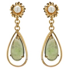 14 Karat Yellow Gold Vintage Jade and Pearl Drop Earrings