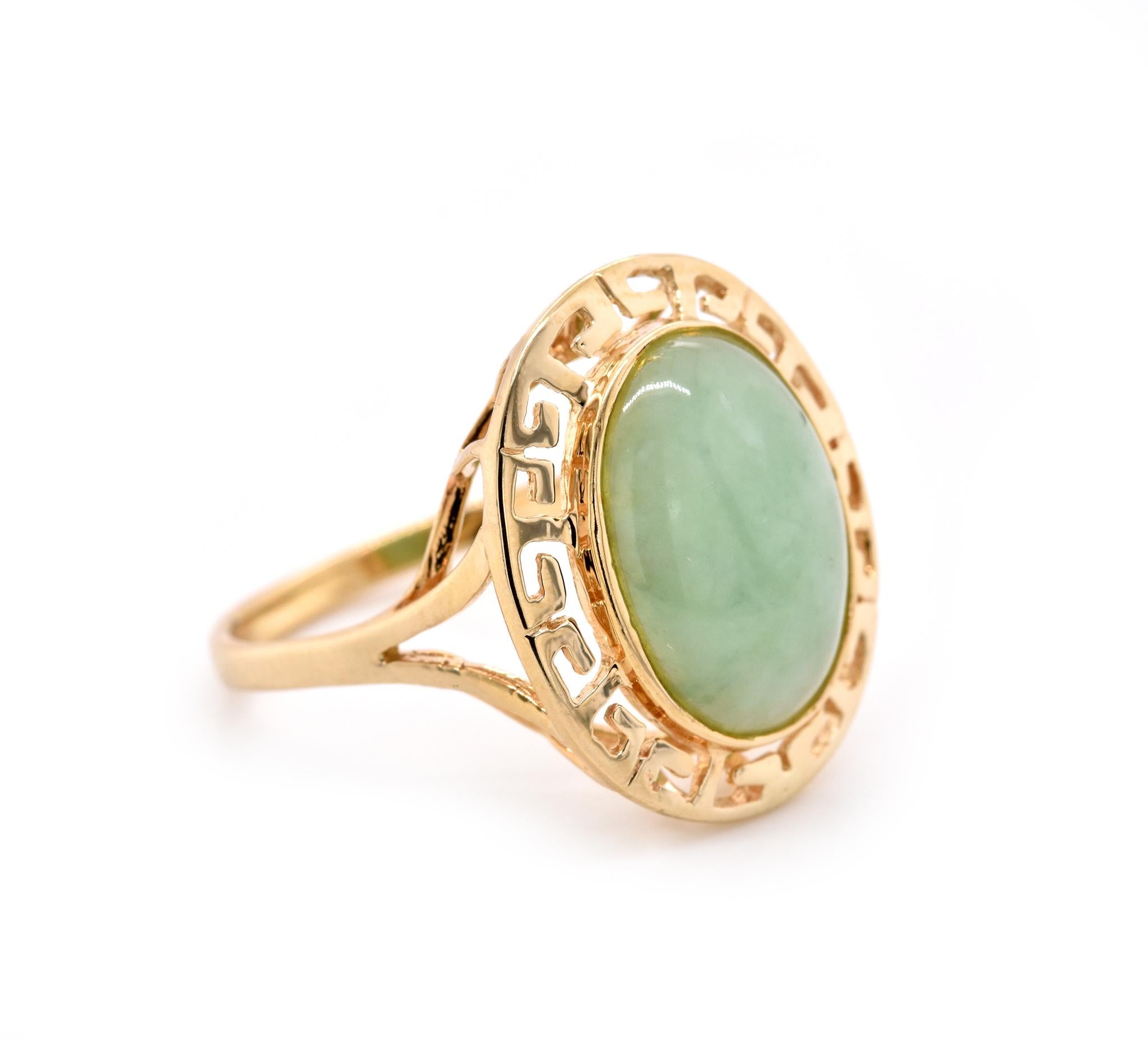Designer: custom 
Material: 14K yellow gold
Gemstone: Jade 
Ring Size: 7.5
Dimensions: ring is 19mm X 16mm
Weight: 3.96 grams
