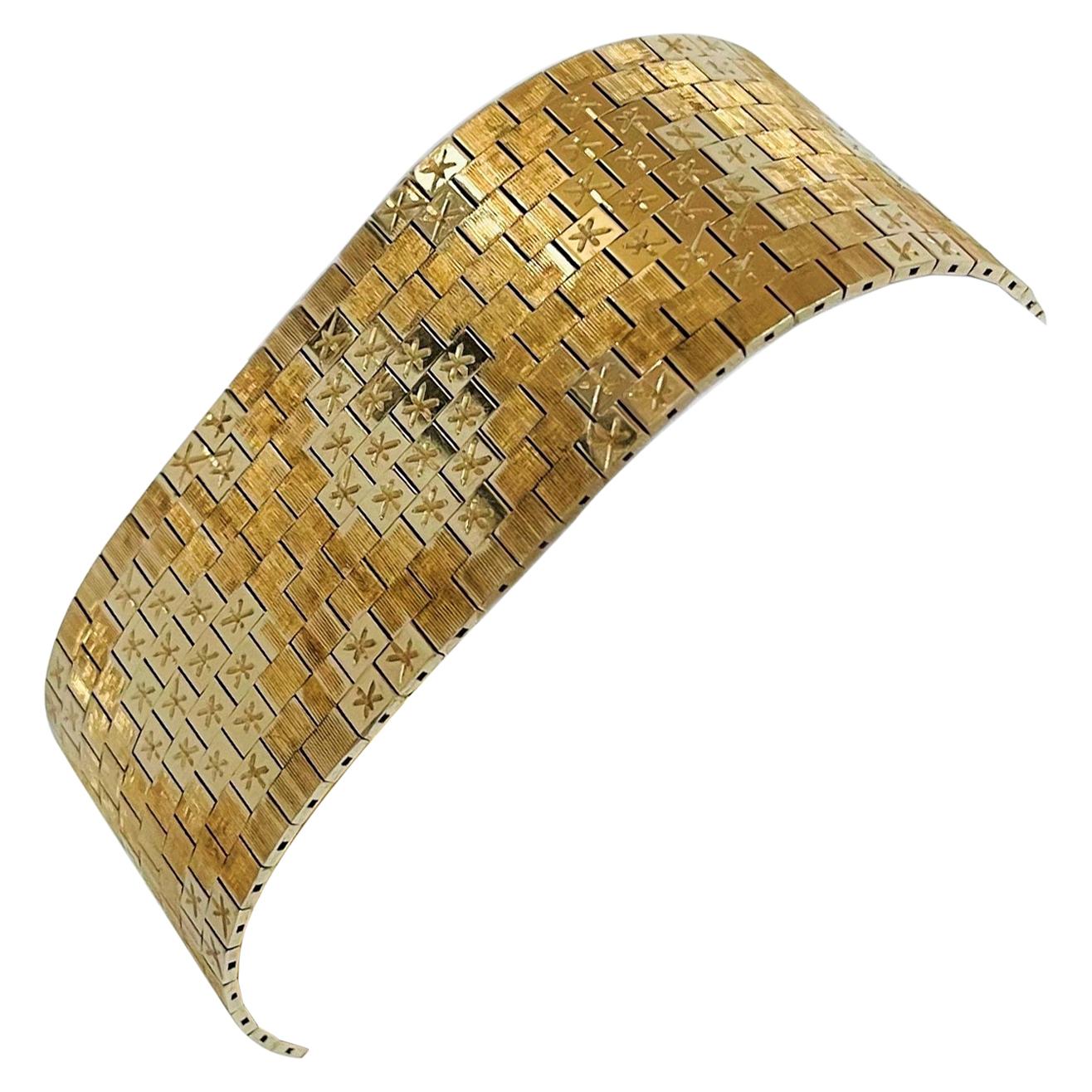 14 Karat Yellow Gold Vintage Ladies Wide Strap Brick Link Bracelet