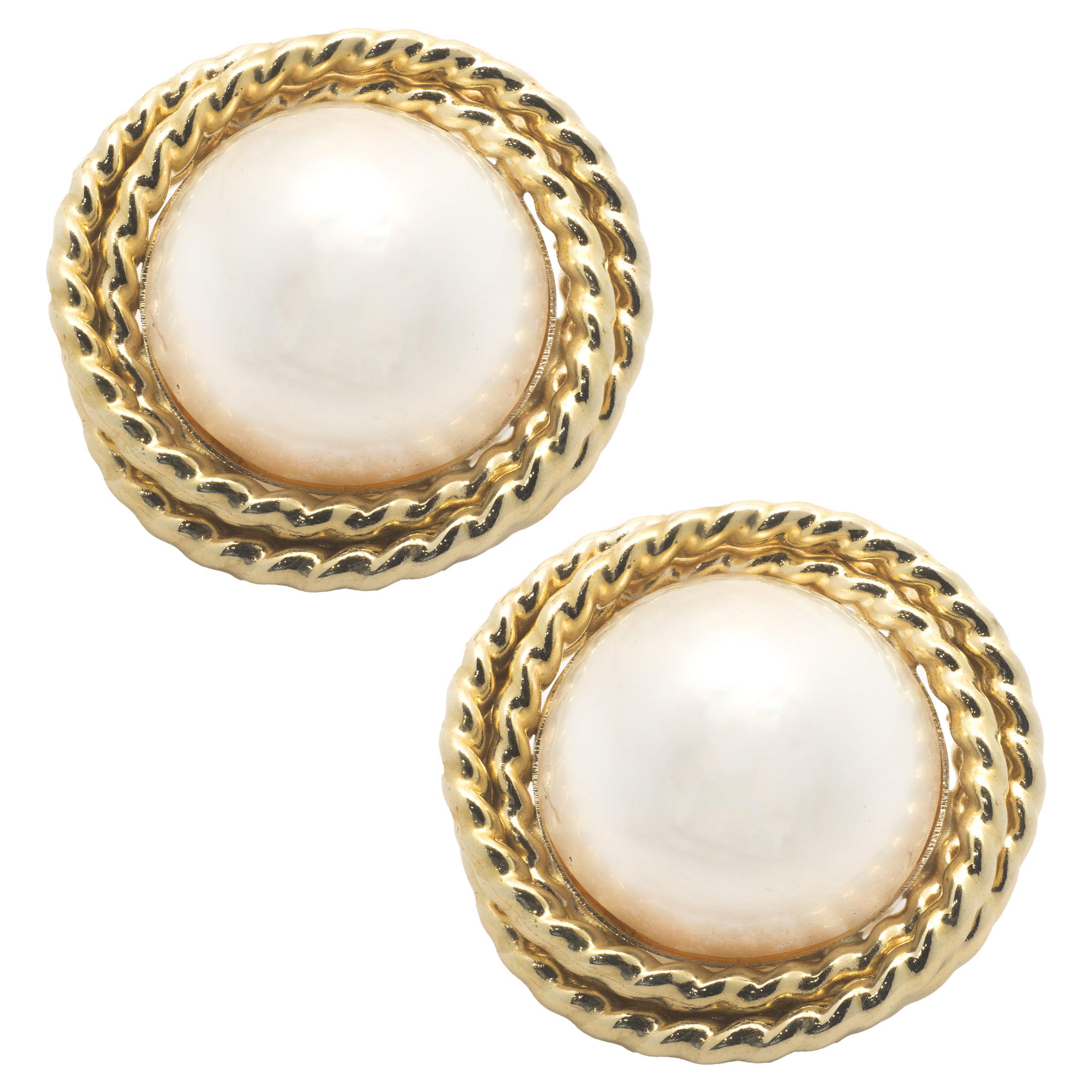 14 Karat Yellow Gold Vintage Mabe Pearl Swirl Earrings