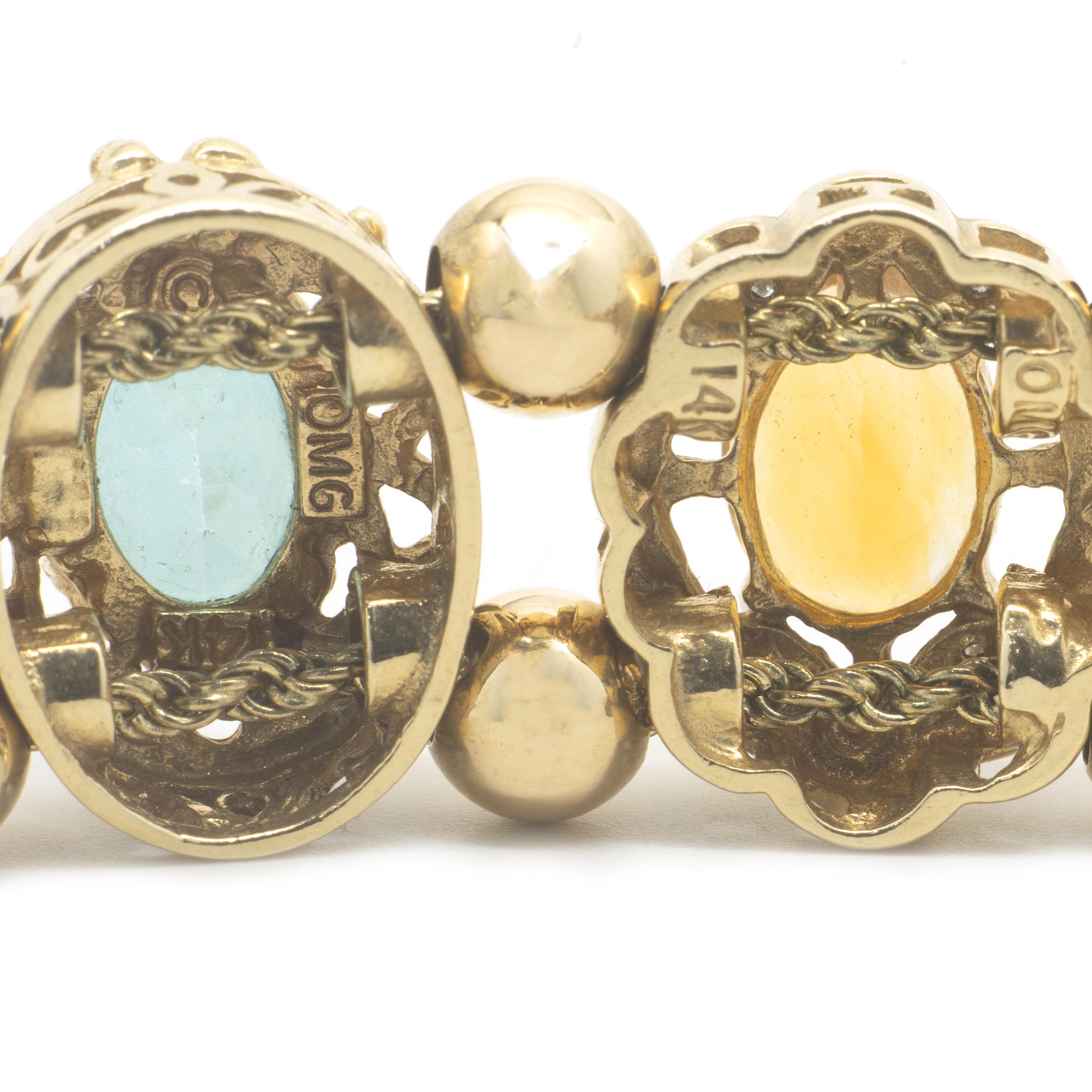14 Karat Gelbgold Vintage Multi Edelstein und Diamant Schiebe-Armband (Ovalschliff)