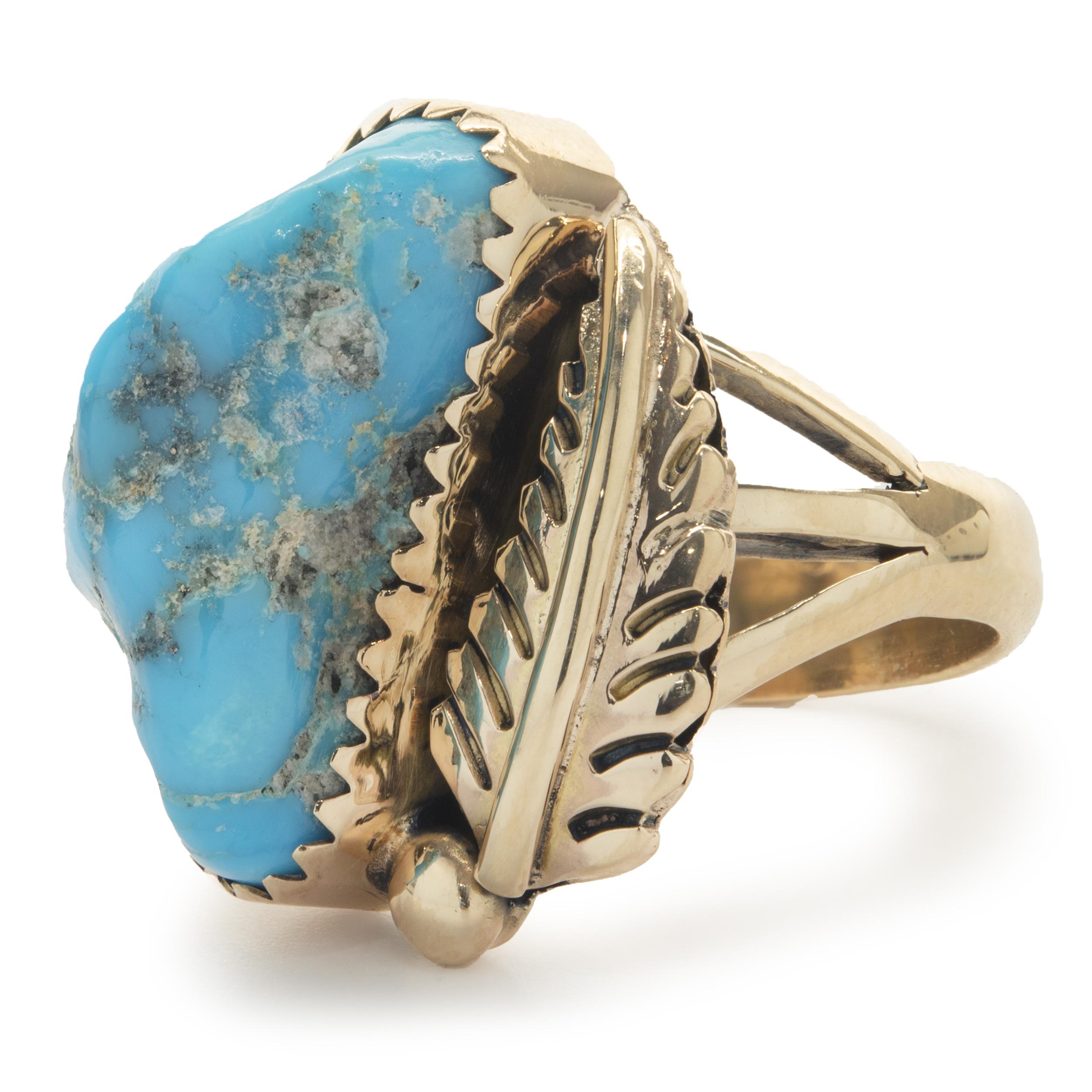 Designer: Native American
Material: 14K yellow gold
Dimensions: ring top measures 21mm wide
Size: 3.5
Weight: 7.61 grams

