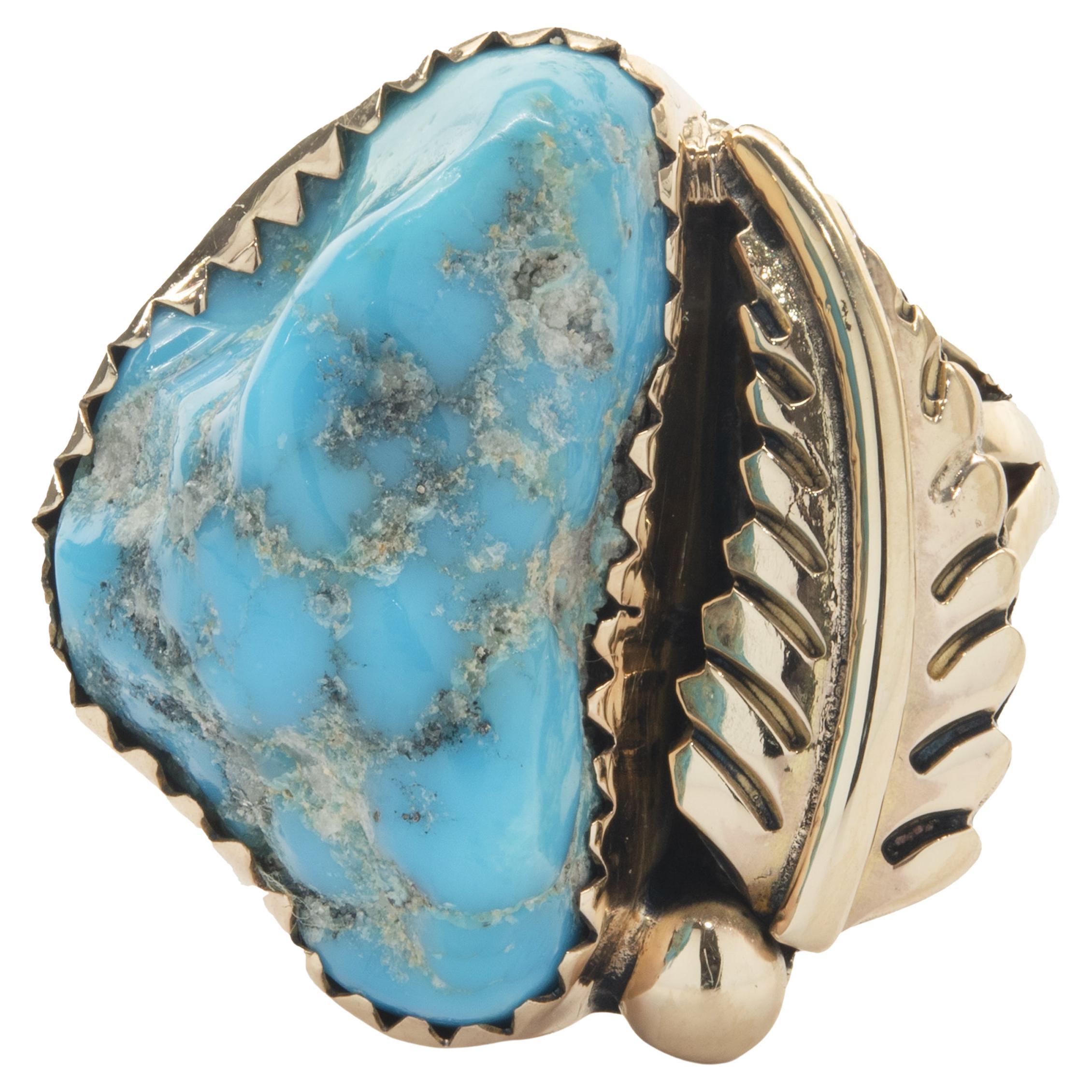 14 Karat Yellow Gold Vintage Native American Designed Turquoise and Feather Ring For Sale