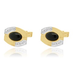 Boutons de manchette vintage en or jaune 14 carats, onyx et diamants