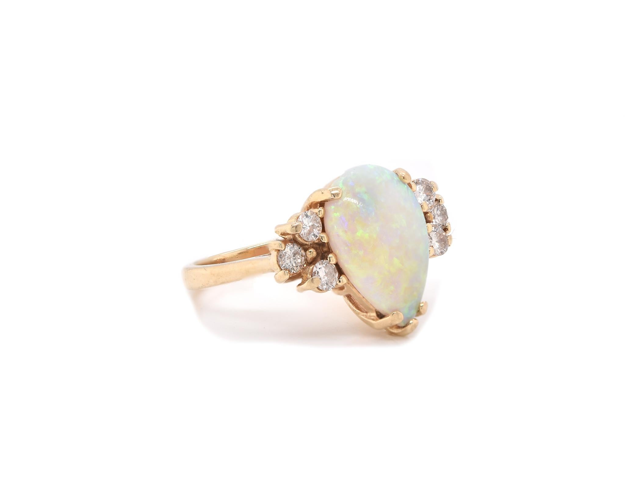 Round Cut 14 Karat Yellow Gold Vintage Opal and Diamond Ring