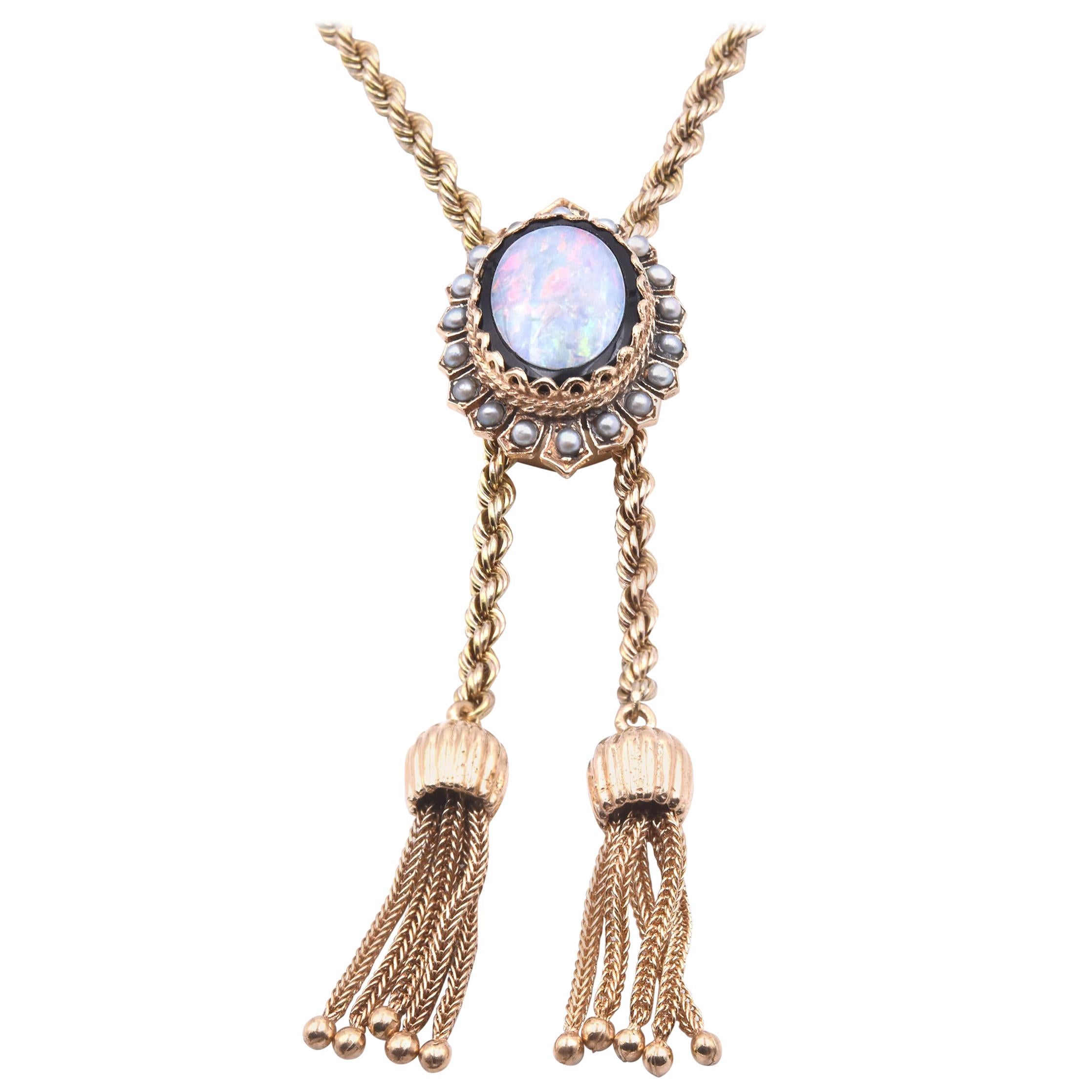 14 Karat Yellow Gold Vintage Opal and Seed Pearl Bolo Necklace