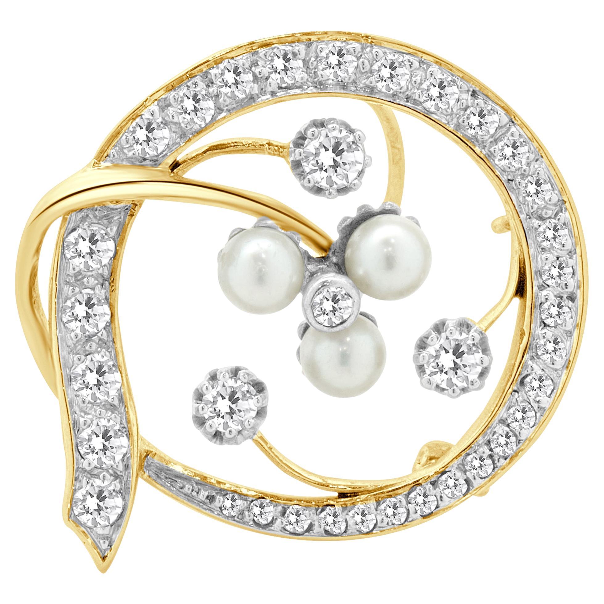 14 Karat Gelbgold Vintage Perle und Diamant Kreis Wirbel Pin
