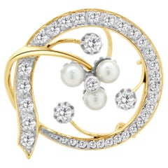 Broche tourbillon vintage en or jaune 14 carats avec perles et diamants