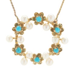14 Karat Yellow Gold Vintage Pearl and Persian Turquoise Floral Circle Necklace
