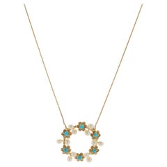 14 Karat Yellow Gold Vintage Pearl and Persian Turquoise Floral Circle Necklace