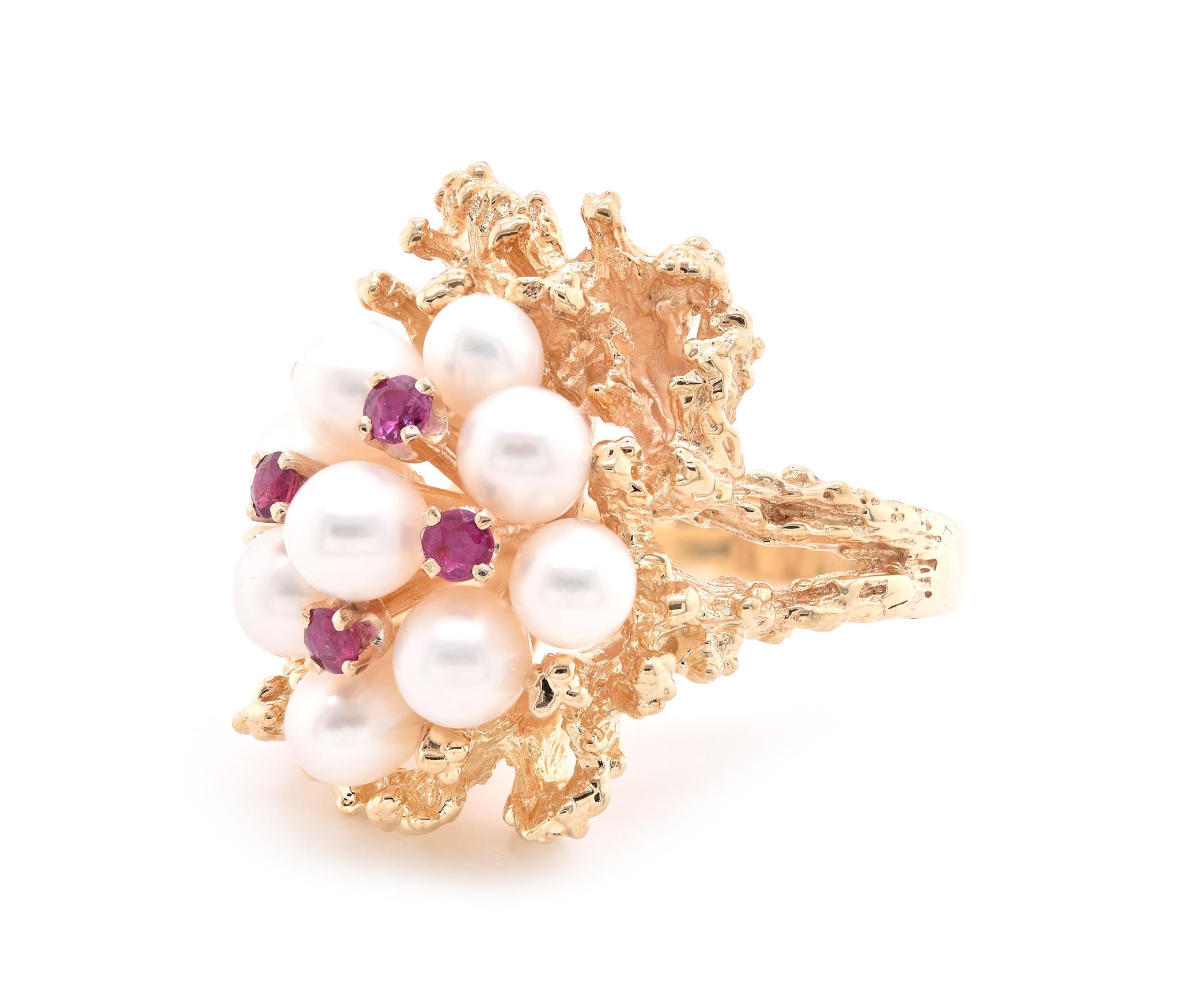 14 Karat Yellow Gold Vintage Pearl and Ruby Freeform Ring In Excellent Condition In Scottsdale, AZ