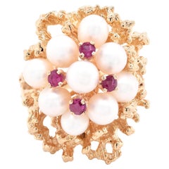 14 Karat Yellow Gold Vintage Pearl and Ruby Freeform Ring