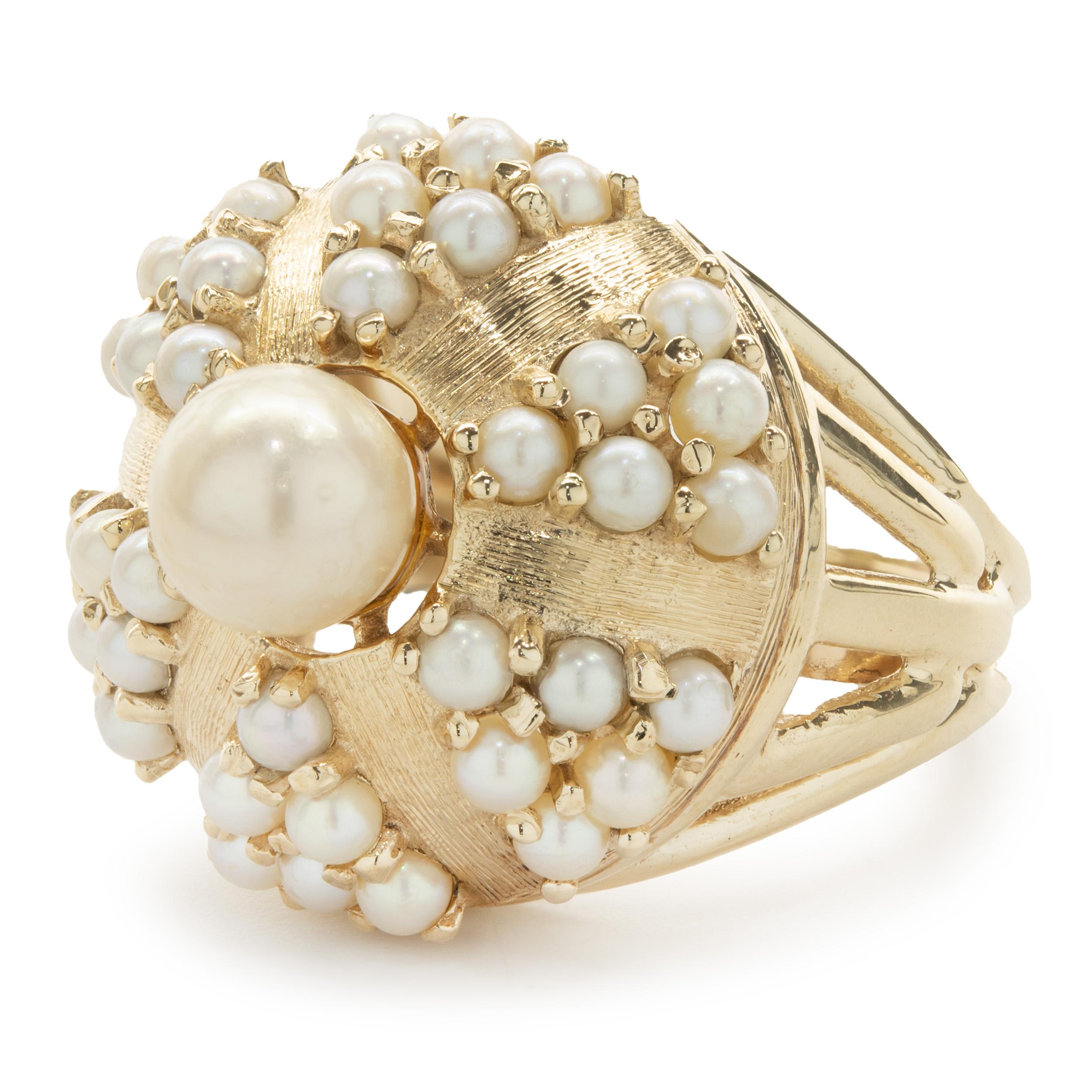 Uncut 14 Karat Yellow Gold Vintage Pearl Dome Cocktail Ring For Sale