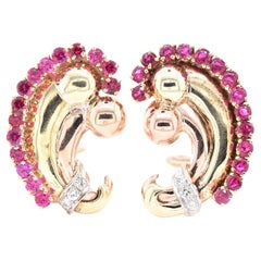 14 Karat Yellow Gold Vintage Pigeons Blood Ruby and Diamond Clip-On Earrings