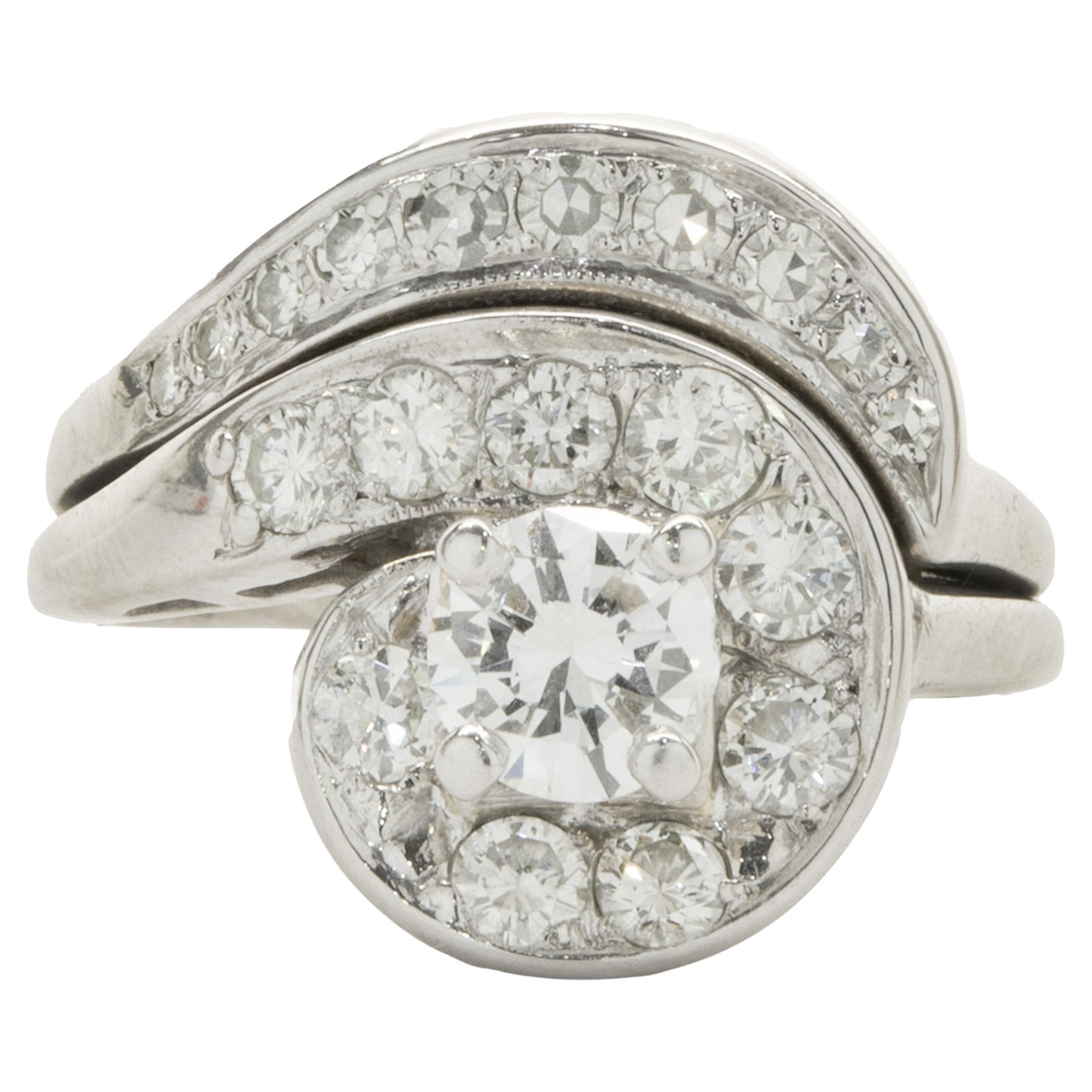 14 Karat Yellow Gold Vintage Round Brilliant Cut Diamond Engagement Swirl Ring For Sale