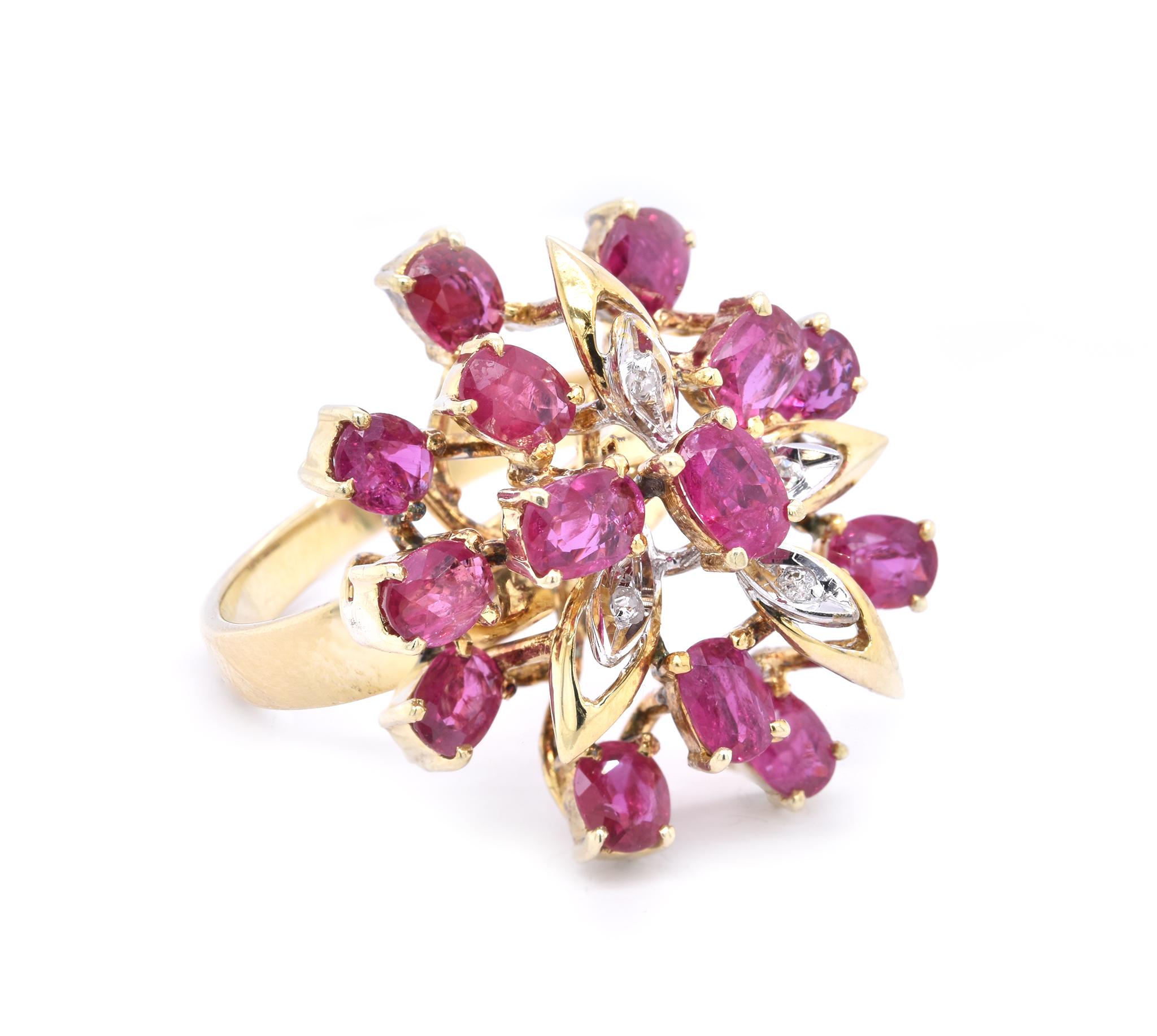 Designer: custom
Material: 14K yellow gold
Diamond: 4 round brilliant cut = .04cttw
Color: H 
Clarity: SI1
Ruby: 15 oval cut = 3.75cttw
Ring Size: 6.75 (please allow up to 2 additional business days for sizing requests)
Dimensions: ring top measures