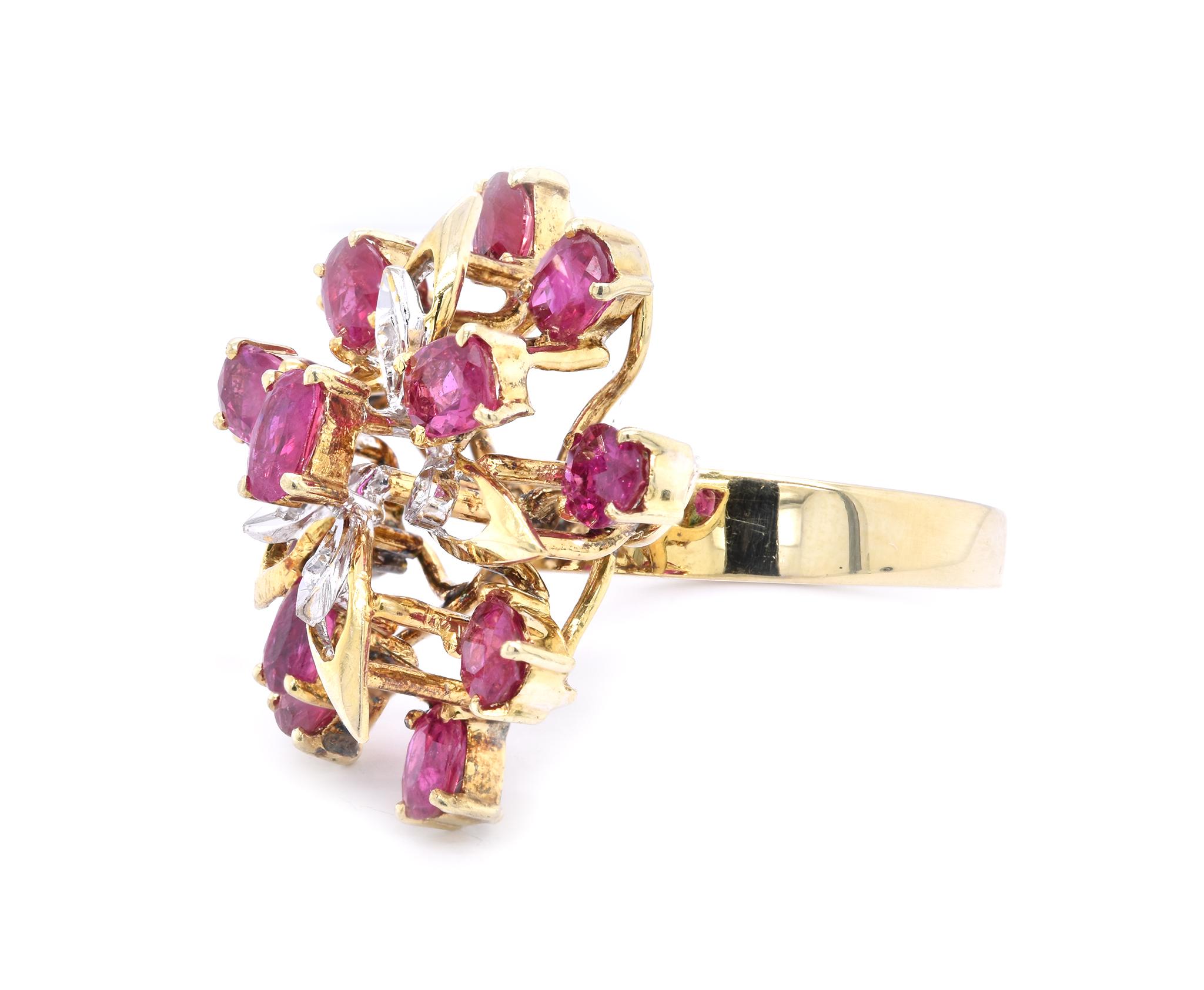 Oval Cut 14 Karat Yellow Gold Vintage Ruby and Diamond Cocktail Ring