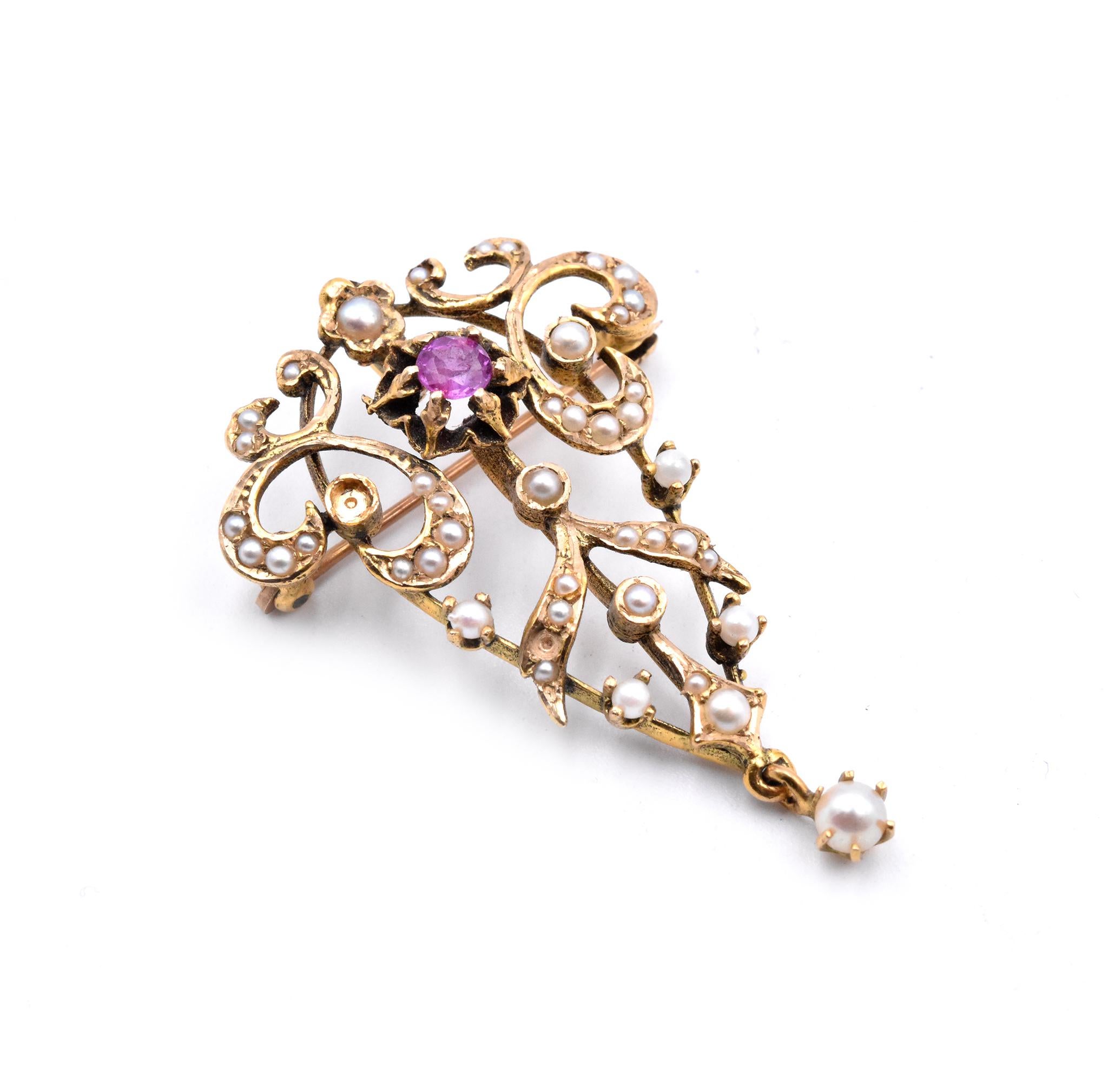 Designer: custom
Material: 14K yellow gold
Gemstone: Ruby = .20ct 
Dimensions: pin is approximately 42mm by 27mm
Weight: 5.69 grams
