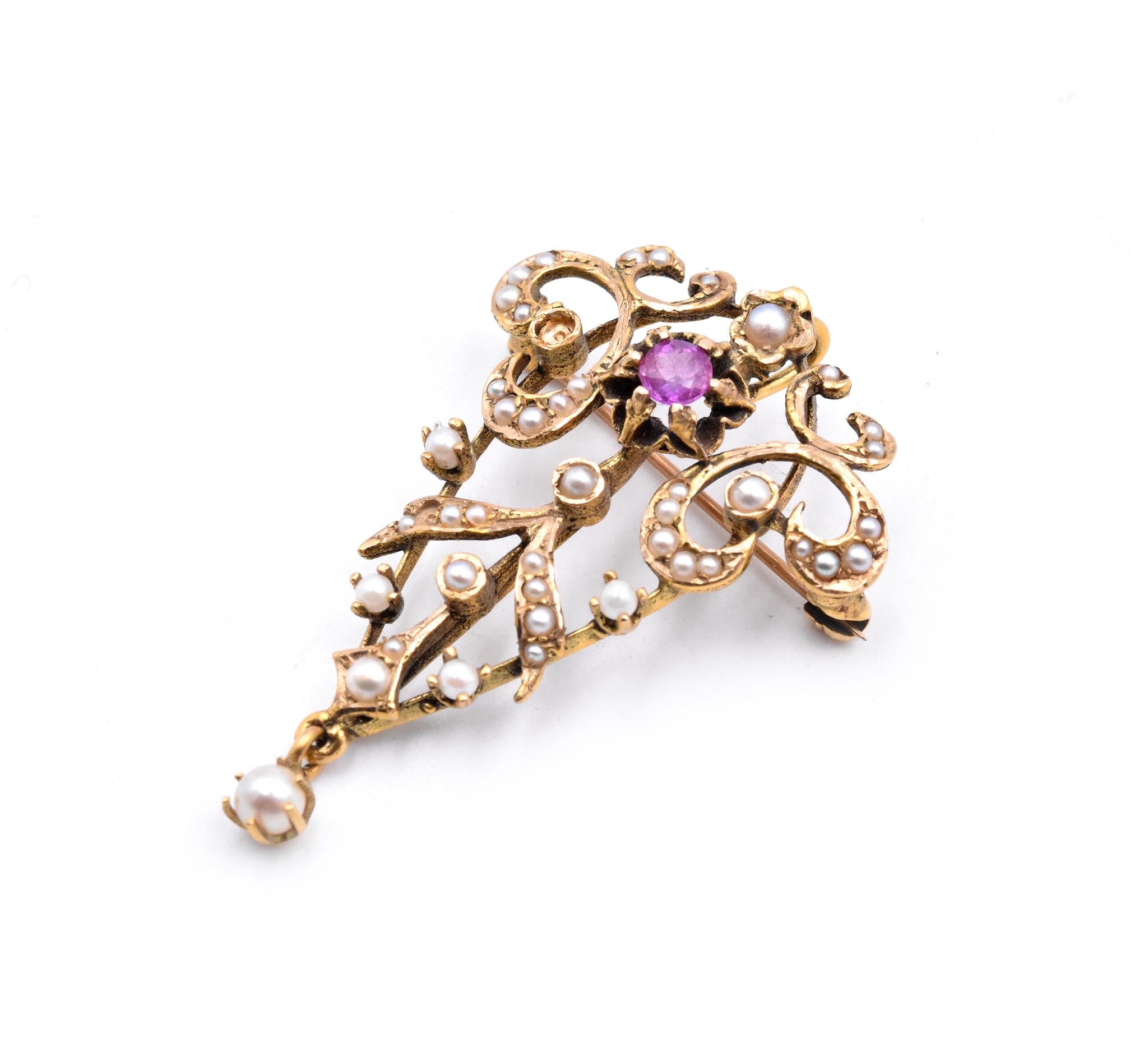 14 Karat Yellow Gold Vintage Ruby and Seed Pearl Pin In Excellent Condition In Scottsdale, AZ