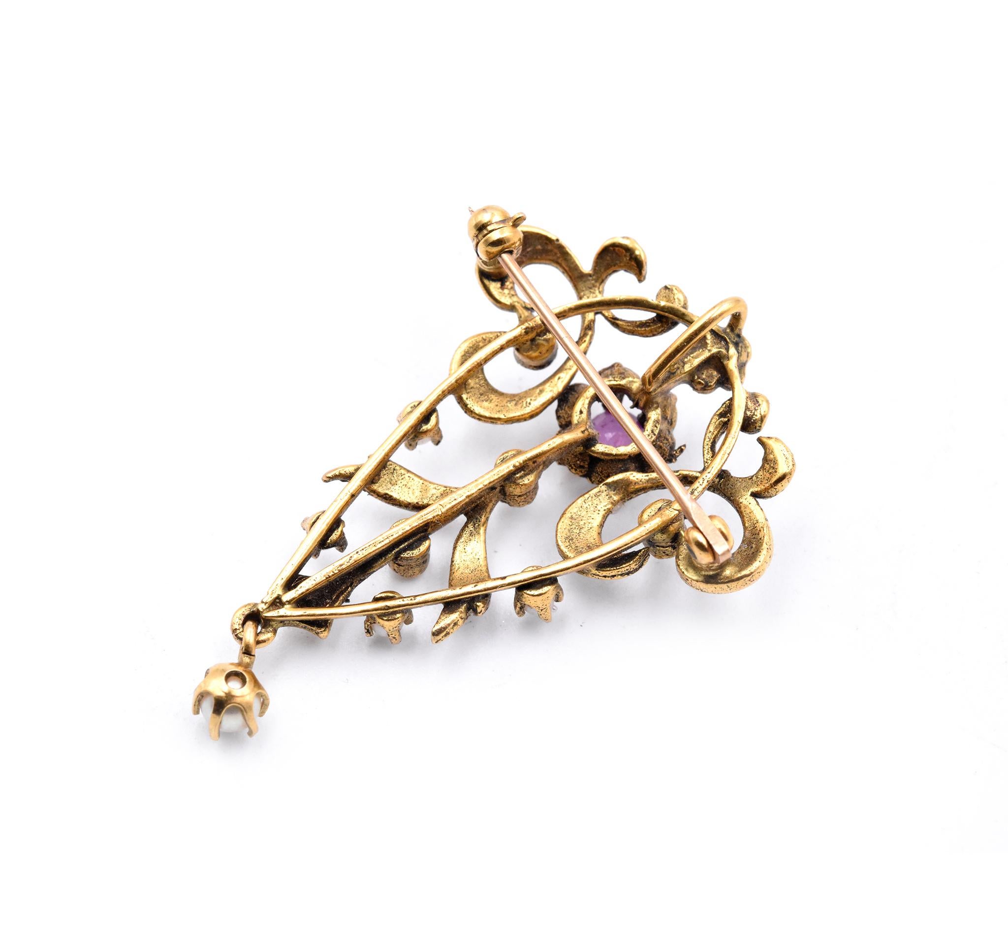 Women's or Men's 14 Karat Yellow Gold Vintage Ruby and Seed Pearl Pin