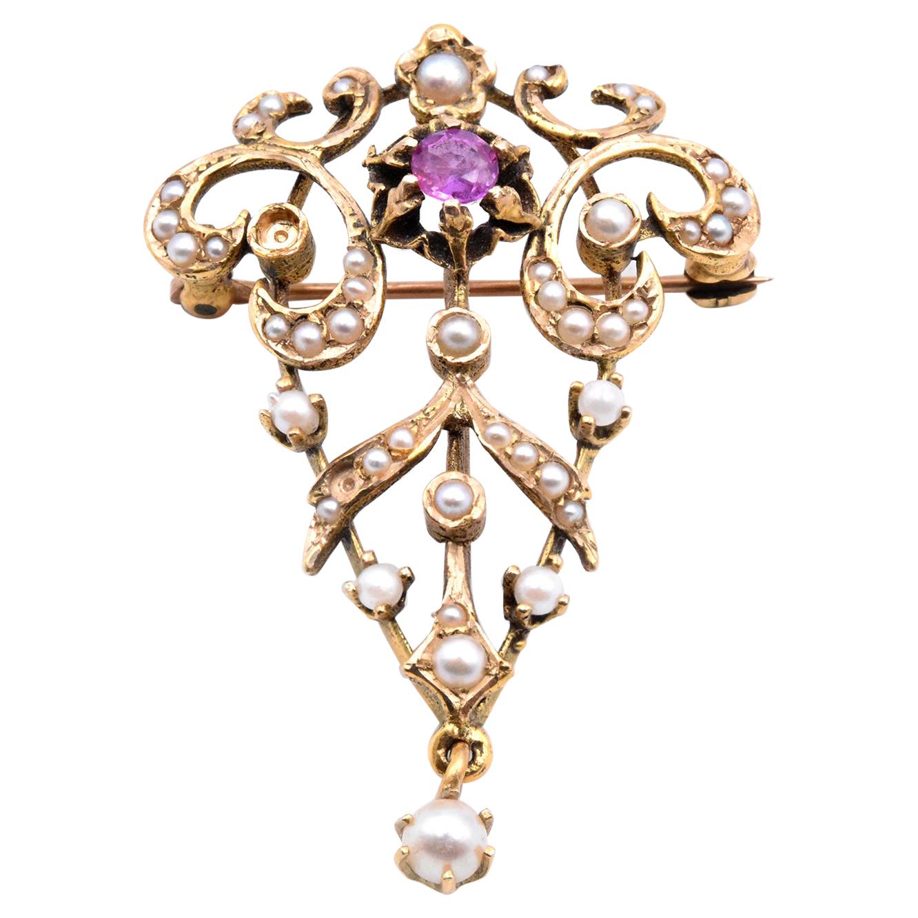 14 Karat Yellow Gold Vintage Ruby and Seed Pearl Pin