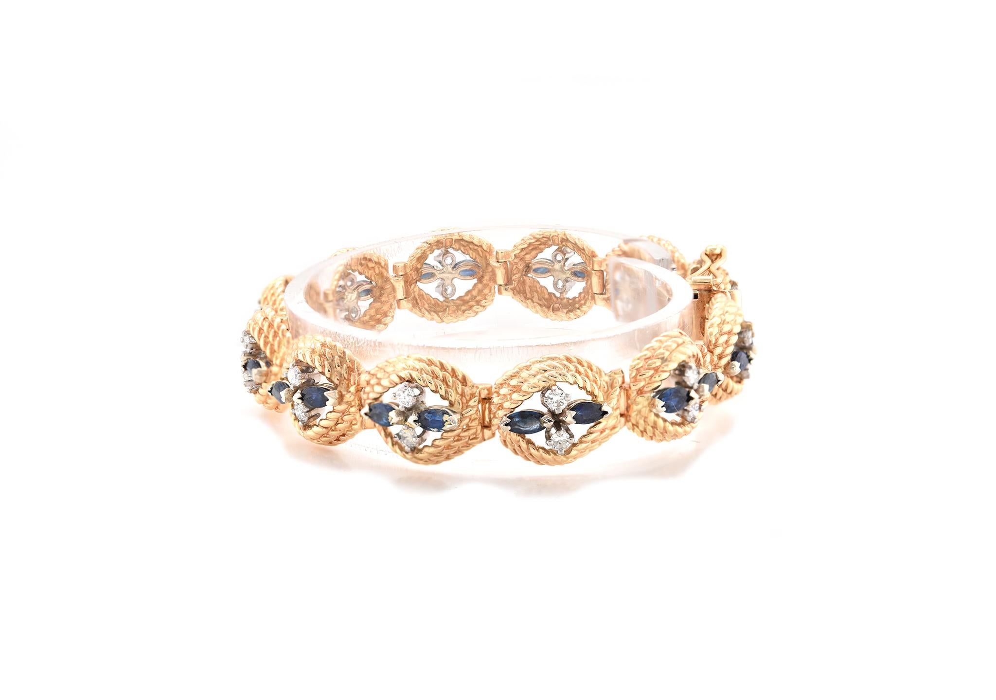 Material: 14K yellow gold
Diamond: 24 round cut = .72cttw
Color: H
Clarity: SI1
Dimensions: bracelet will fit a 7-inch wrist
Weight: 27.32 grams
