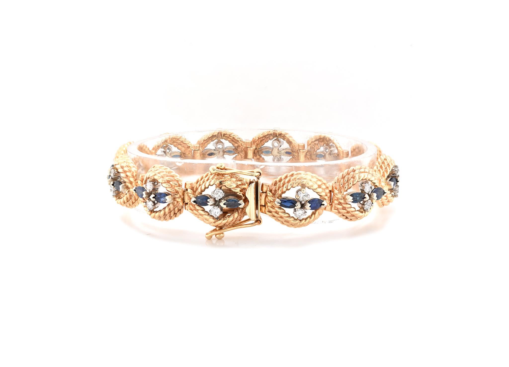 Round Cut 14 Karat Yellow Gold Vintage Sapphire and Diamond Bracelet