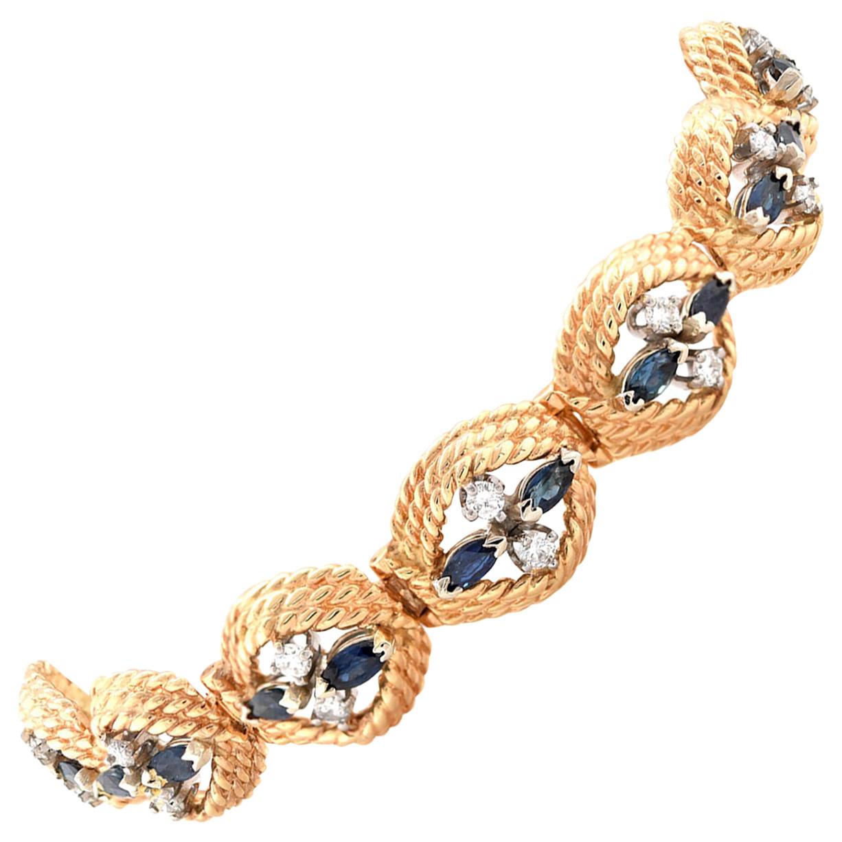 14 Karat Yellow Gold Vintage Sapphire and Diamond Bracelet