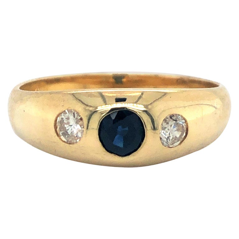 14 Karat Yellow Gold Vintage Sapphire and Diamond Burnish Set Ring at ...