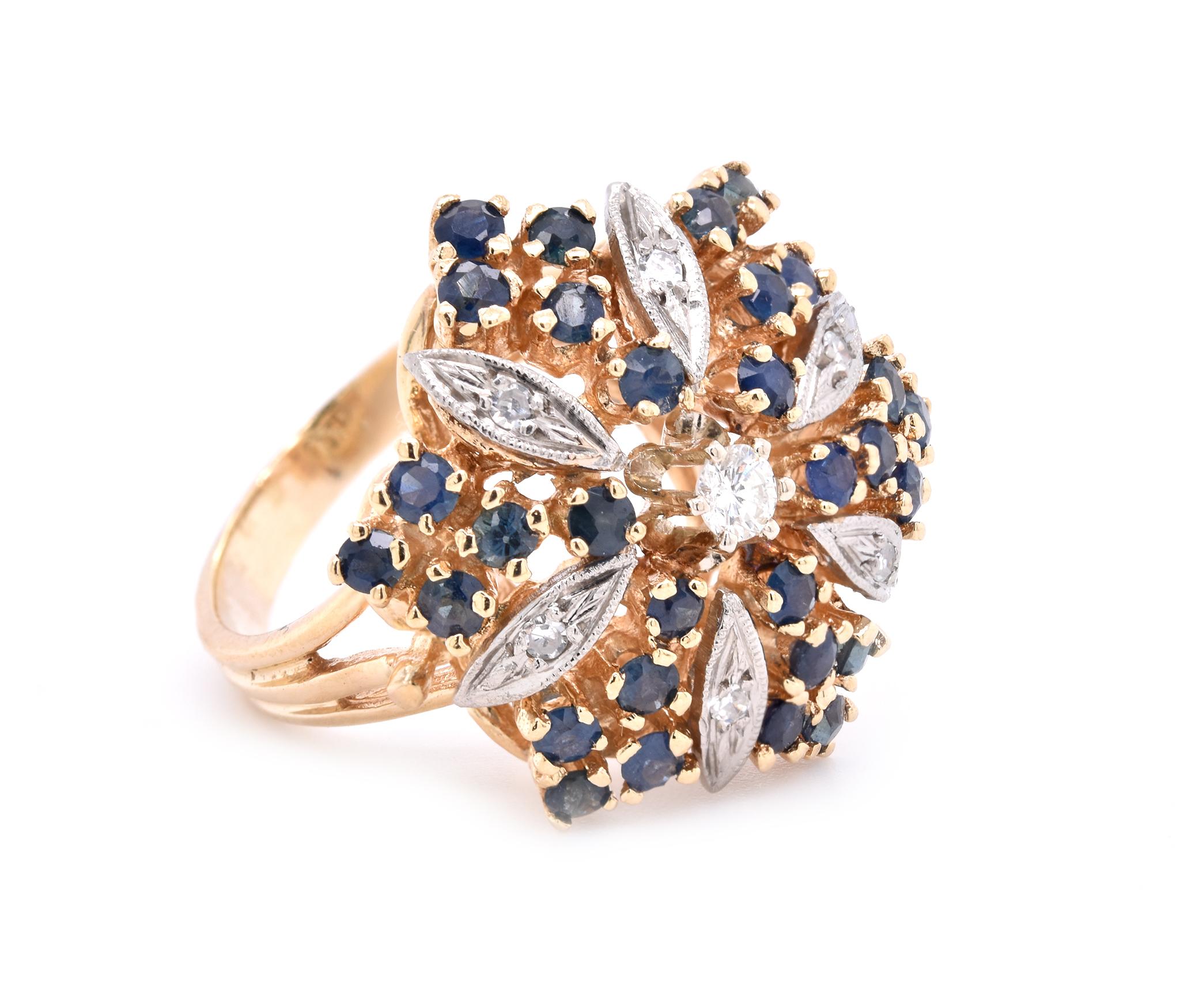 Designer: custom
Material: 14K yellow gold
Diamond: 7 round brilliant cut = .16cttw
Color: G
Clarity: VS2
Sapphire: 30 round cut = 1.20cttw
Ring Size: 7 (please allow up to 2 additional business days for sizing requests)
Dimensions: ring top