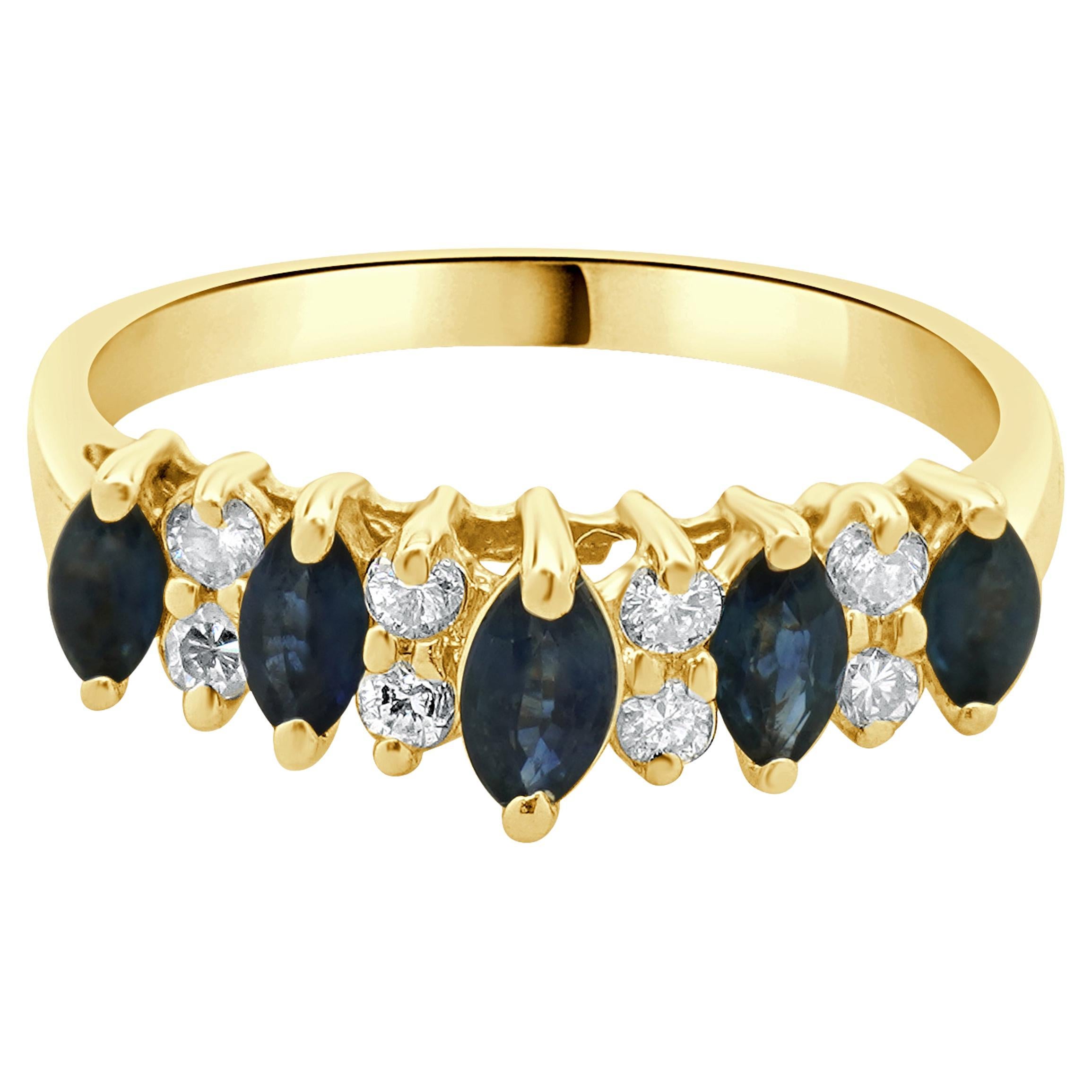 14 Karat Yellow Gold Vintage Sapphire and Diamond Waterfall Ring For Sale
