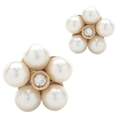 14 Karat Yellow Gold Vintage Seed Pearl and Diamond Flower Stud Earrings