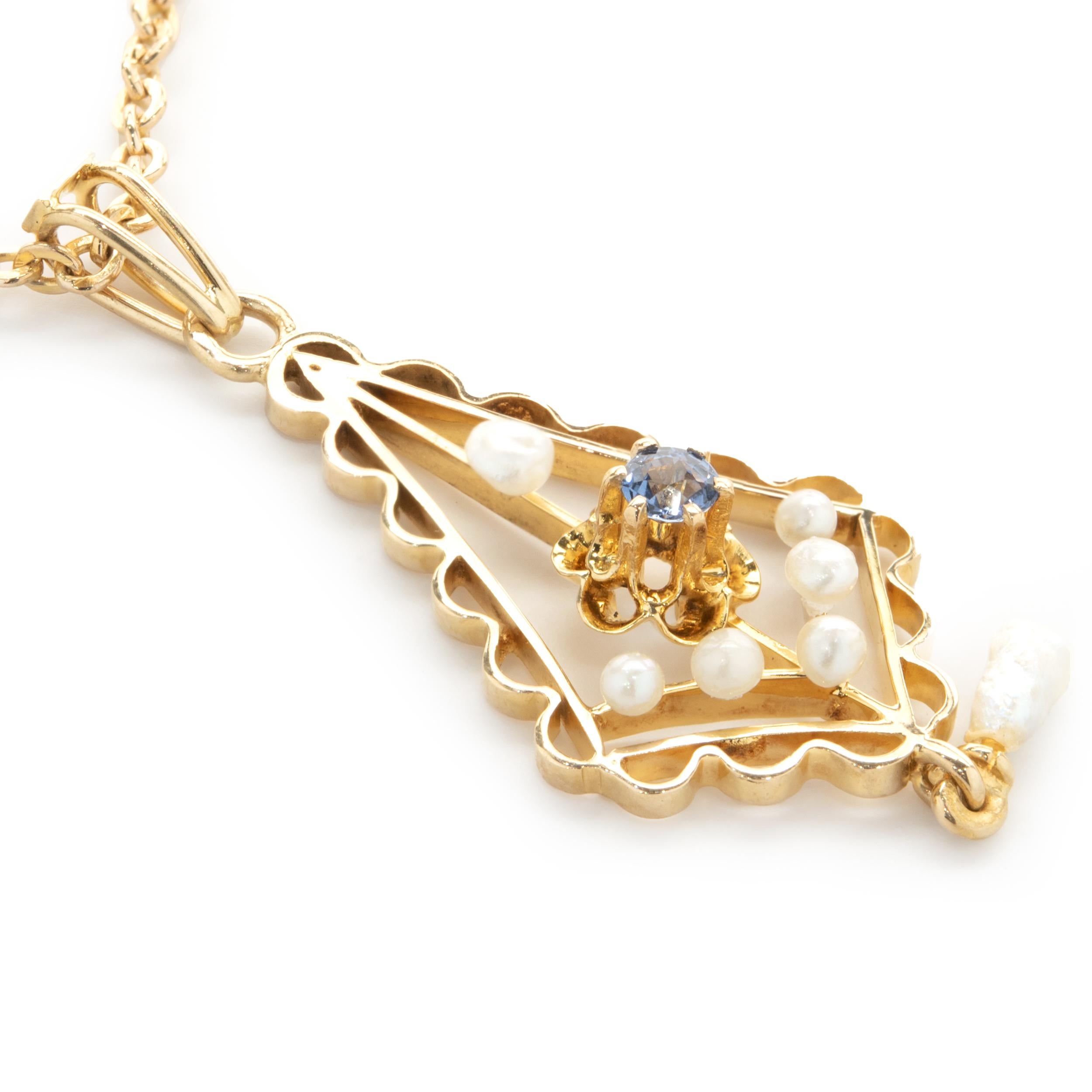 Round Cut 14 Karat Yellow Gold Vintage Seed Pearl and Sapphire Necklace For Sale