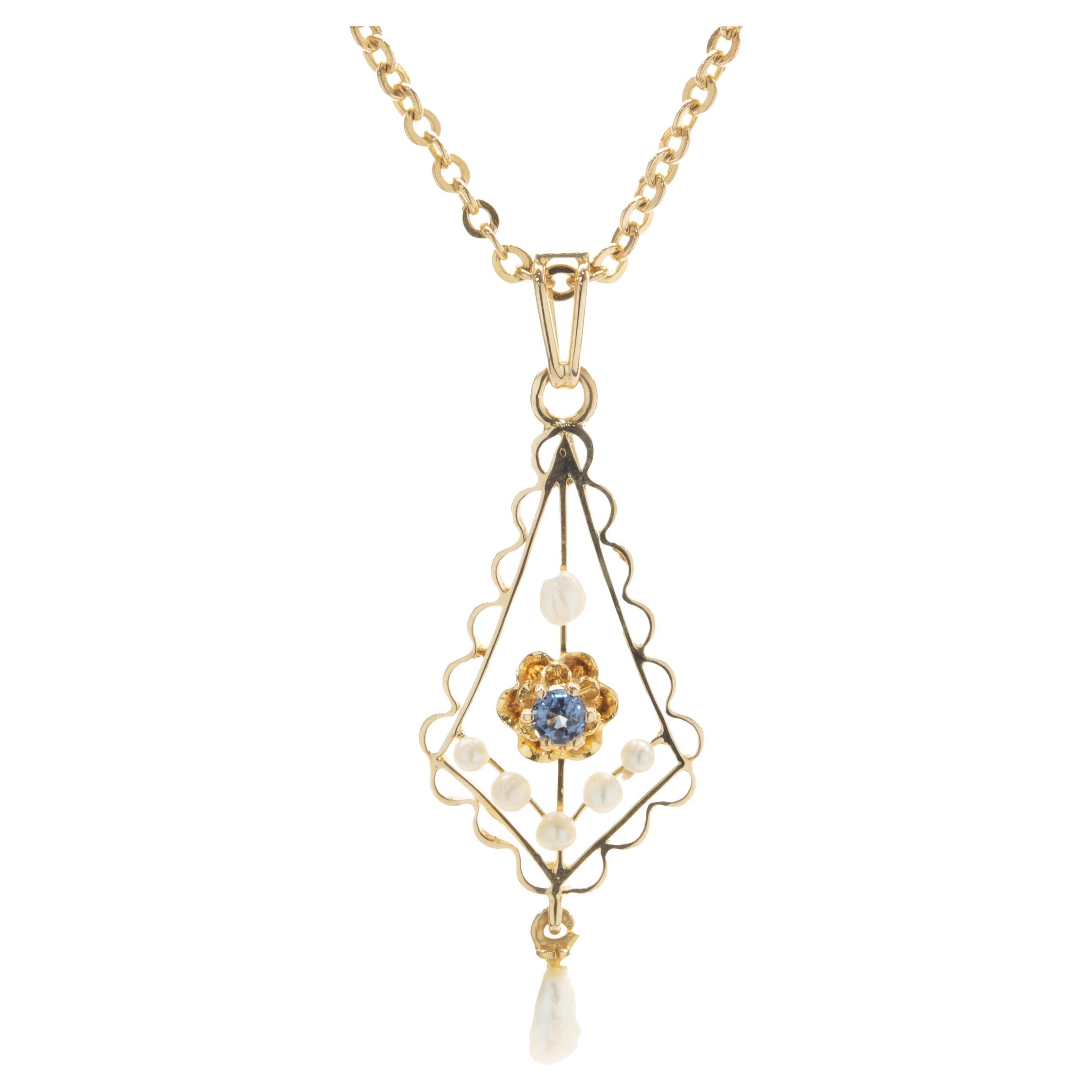 14 Karat Yellow Gold Vintage Seed Pearl and Sapphire Necklace For Sale