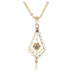 14 Karat Yellow Gold Vintage Seed Pearl and Sapphire Necklace