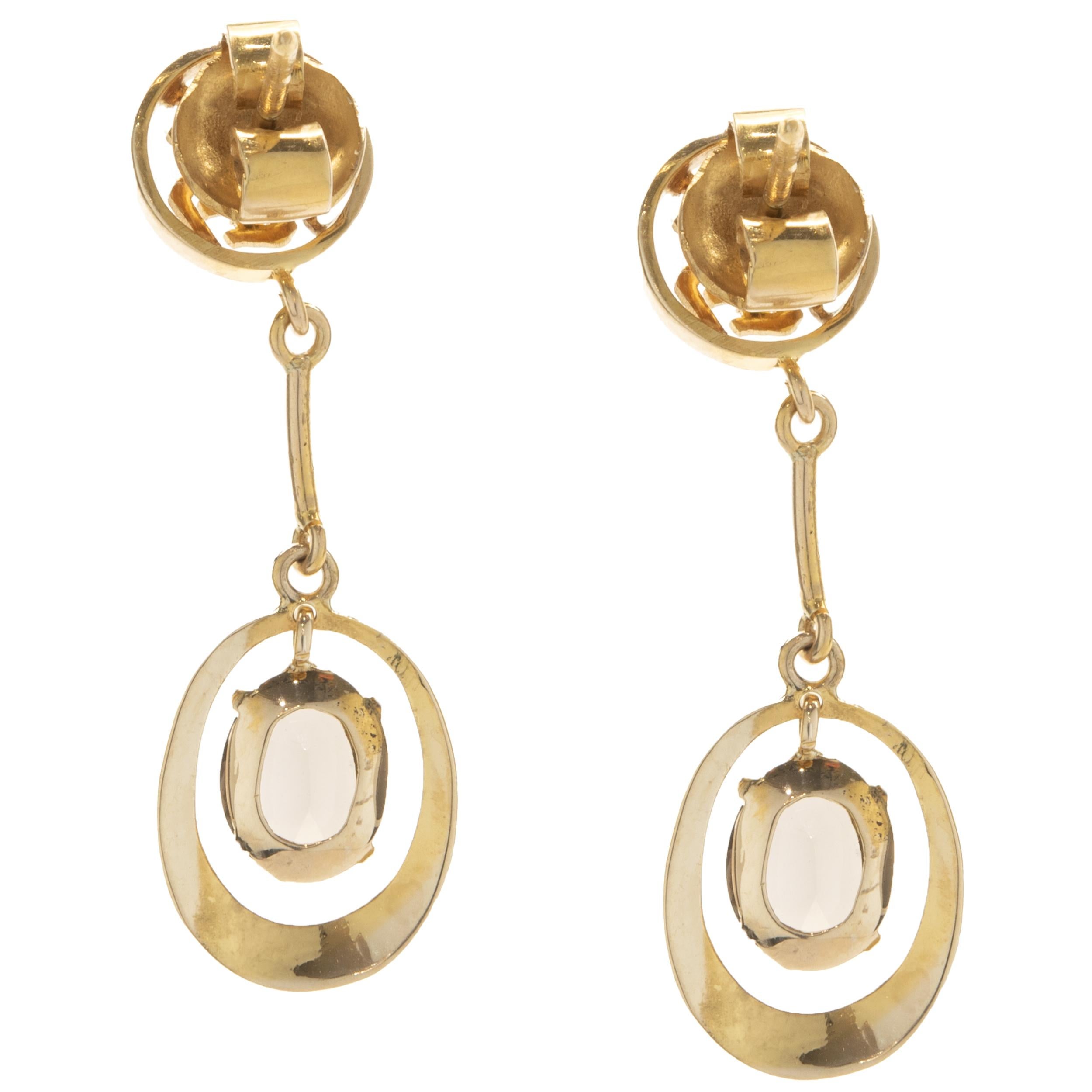 Designer: custom
Material: 14K yellow gold
Dimensions: earrings measure 36mm in length
Fastenings: posts with friction backs
Weight: 4.07 grams