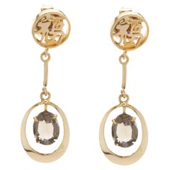 Boucles d'oreilles pendantes en or jaune 14 carats avec topaze fumée de style asiatique