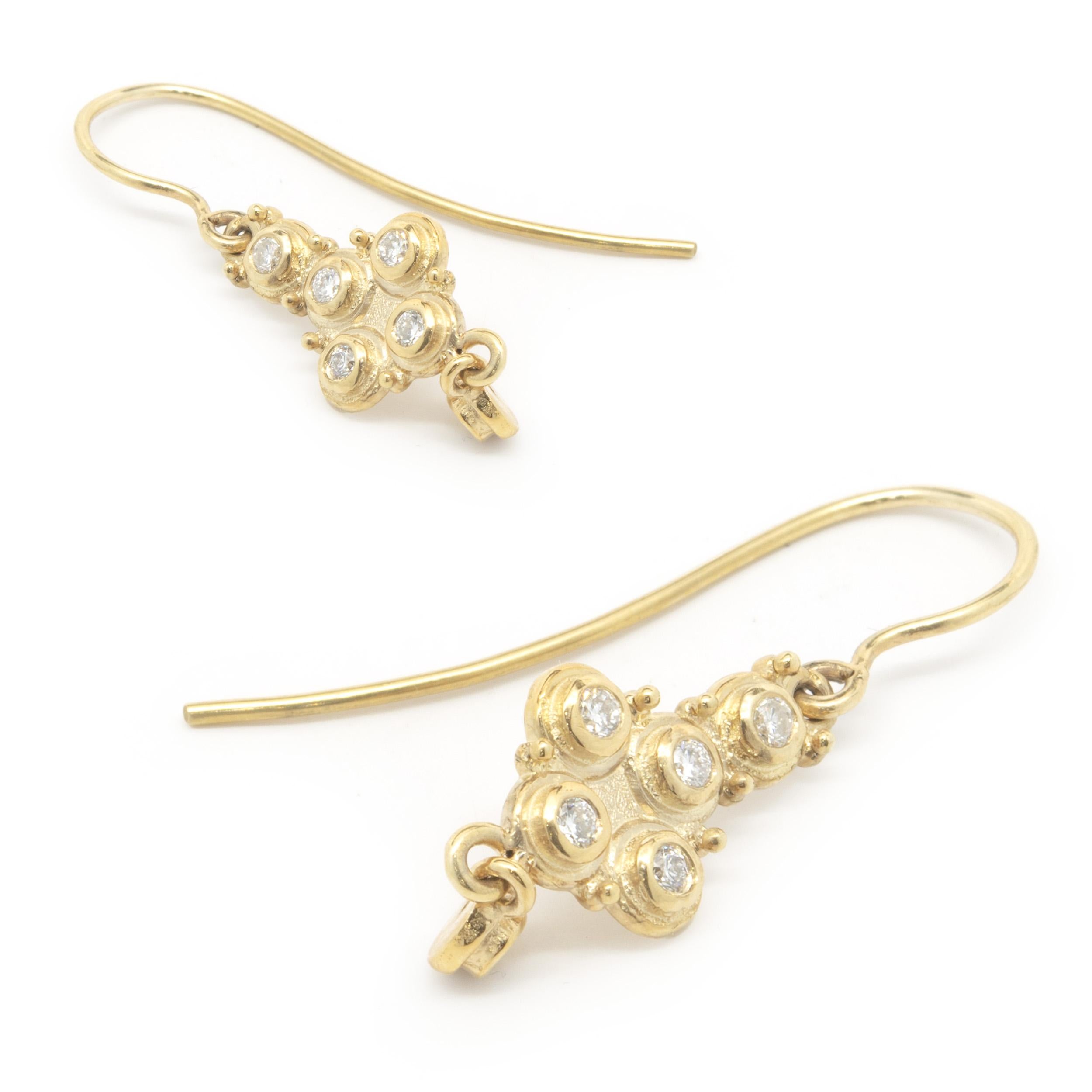 Round Cut 14 Karat Yellow Gold Vintage Style Bezel Set Diamond Drop Earrings For Sale