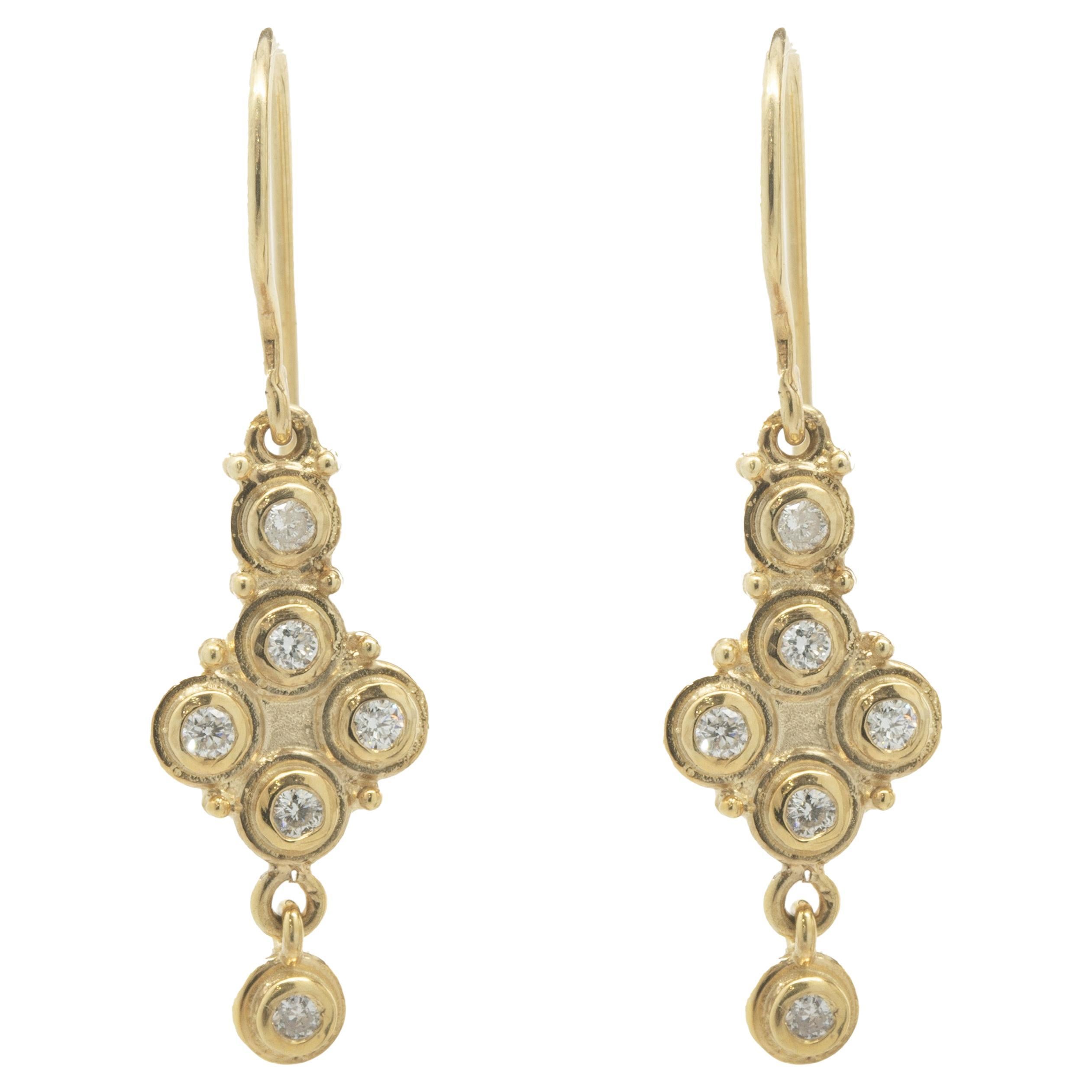 14 Karat Yellow Gold Vintage Style Bezel Set Diamond Drop Earrings For Sale