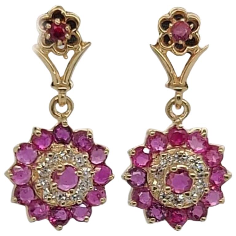 14 Karat Yellow Gold Vintage Style Diamond and Ruby Double Halo Earrings For Sale